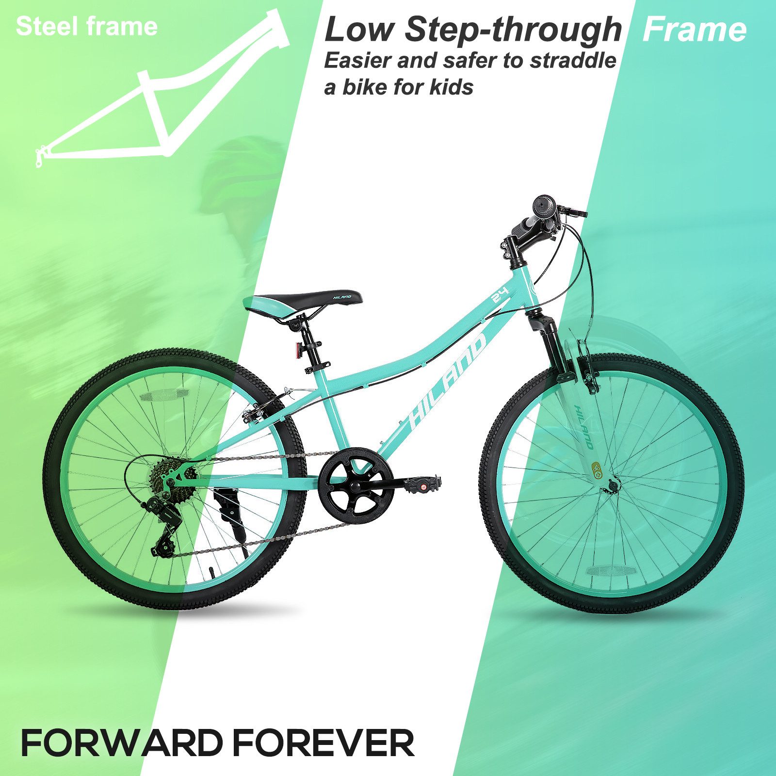 HILAND Mountainbike 24 Zoll Kinderfahrrad ab 6-12 Jahre alt MTB Studenten-Pendlerfahrrad, mit Federgabel 7 Gang, V-Bremse, Hochwertiger Rahmen