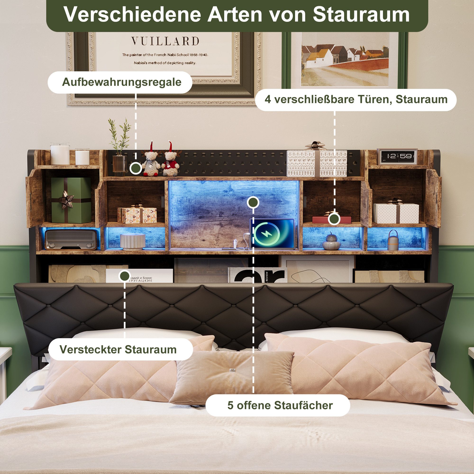 zebery Polsterbett Doppelbett mit LED-Beleuchtung und Ladestation, Jugendbett 140x200cm mit USB&Typ-C,Metallrahmen – Bild 2 von 5