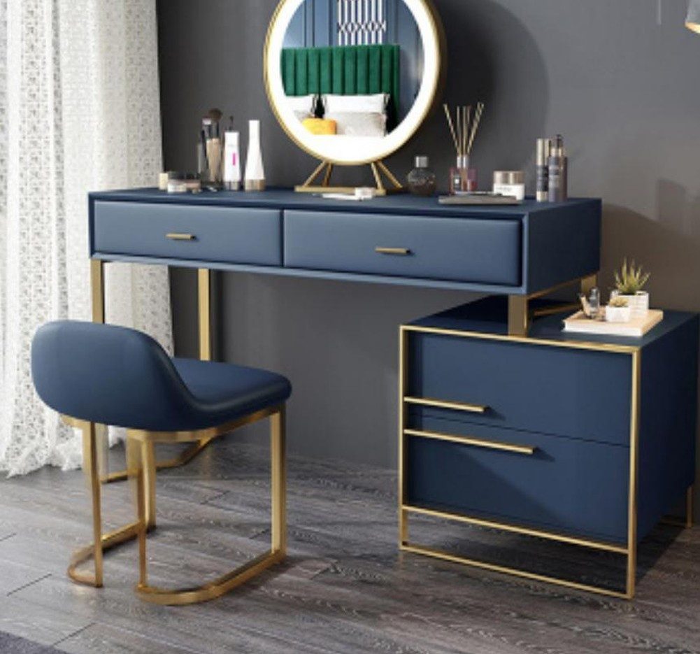 JVmoebel Schminktisch Moderne Konsole mit Spiegel und Hocker in Blau und Gold (Set, 2-St., Schminktisch/Hocker), Made in Europa