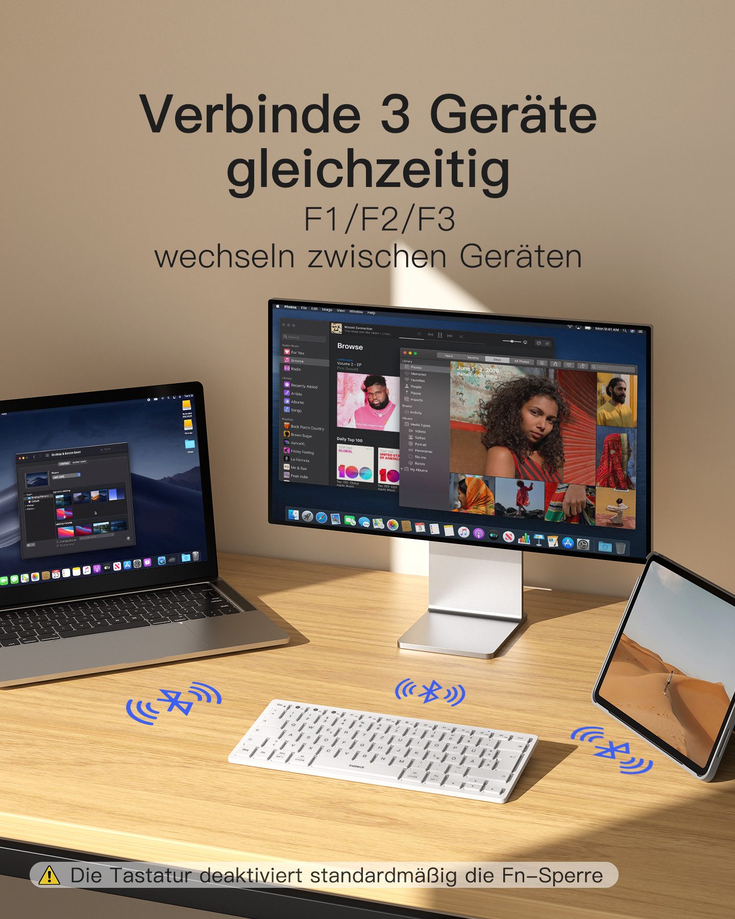 Inateck für iPad Pro/Air/Mini/Windows/Android/IOS, Ergonomisches Design Wireless-Tastatur (Ultraslim, Vergrößerte Tastenkappen, 3 Bluetooth)