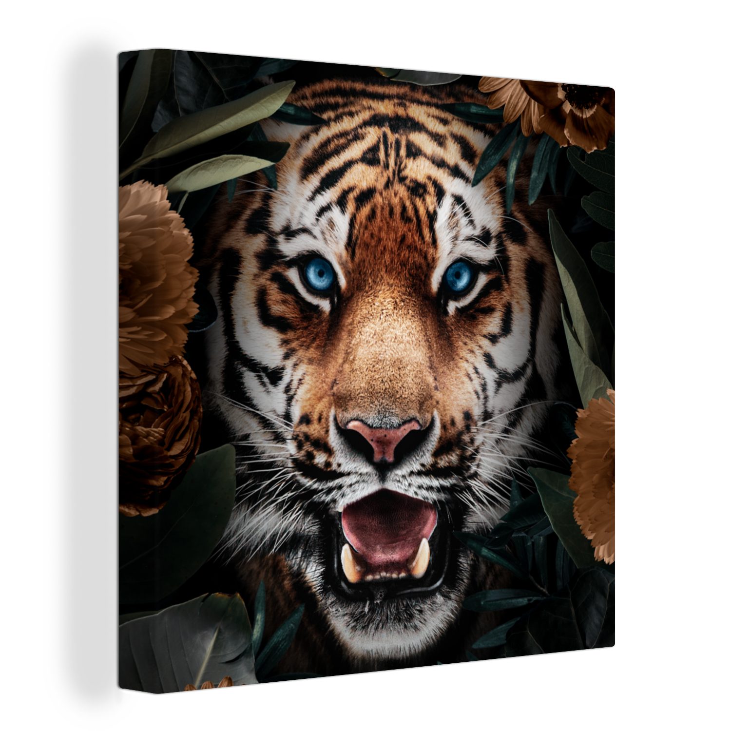 OneMillionCanvasses® Leinwandbild Tiger - Blatt - Blumen, (1 St), Leinwand Bilder für Wohnzimmer Schlafzimmer