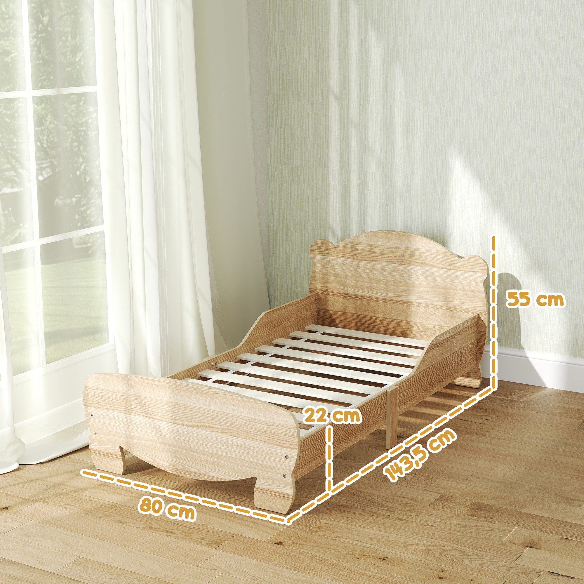 AIYAPLAY Kinderbett Rausfallschutz Lattenrost mit Bären-Design für Mädchen und Jungen (Jugendbett, 1-tlg., Spielbett für 3-6Jahre Kinder), für Kinderzimmer 143,5 x 80 x 55 cm Naturholz