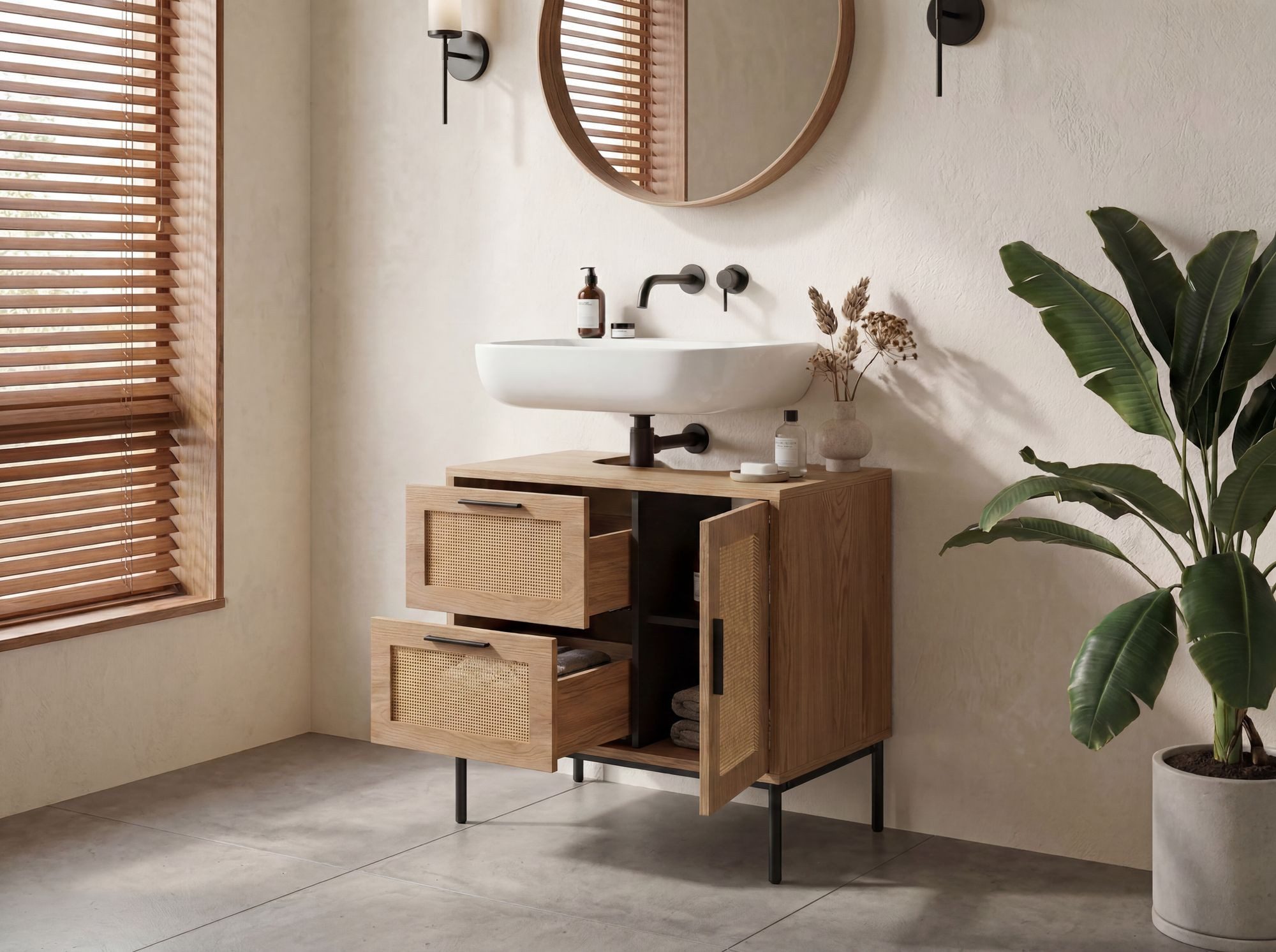FINEBUY Waschbeckenunterschrank FB103421 Badschrank 60x60x40 cm Unterschrank Eiche (mit Tür und Schubladen Eiche-Optik 60x60x40 cm) Unterschrank Waschbecken, Waschtisch Midischrank