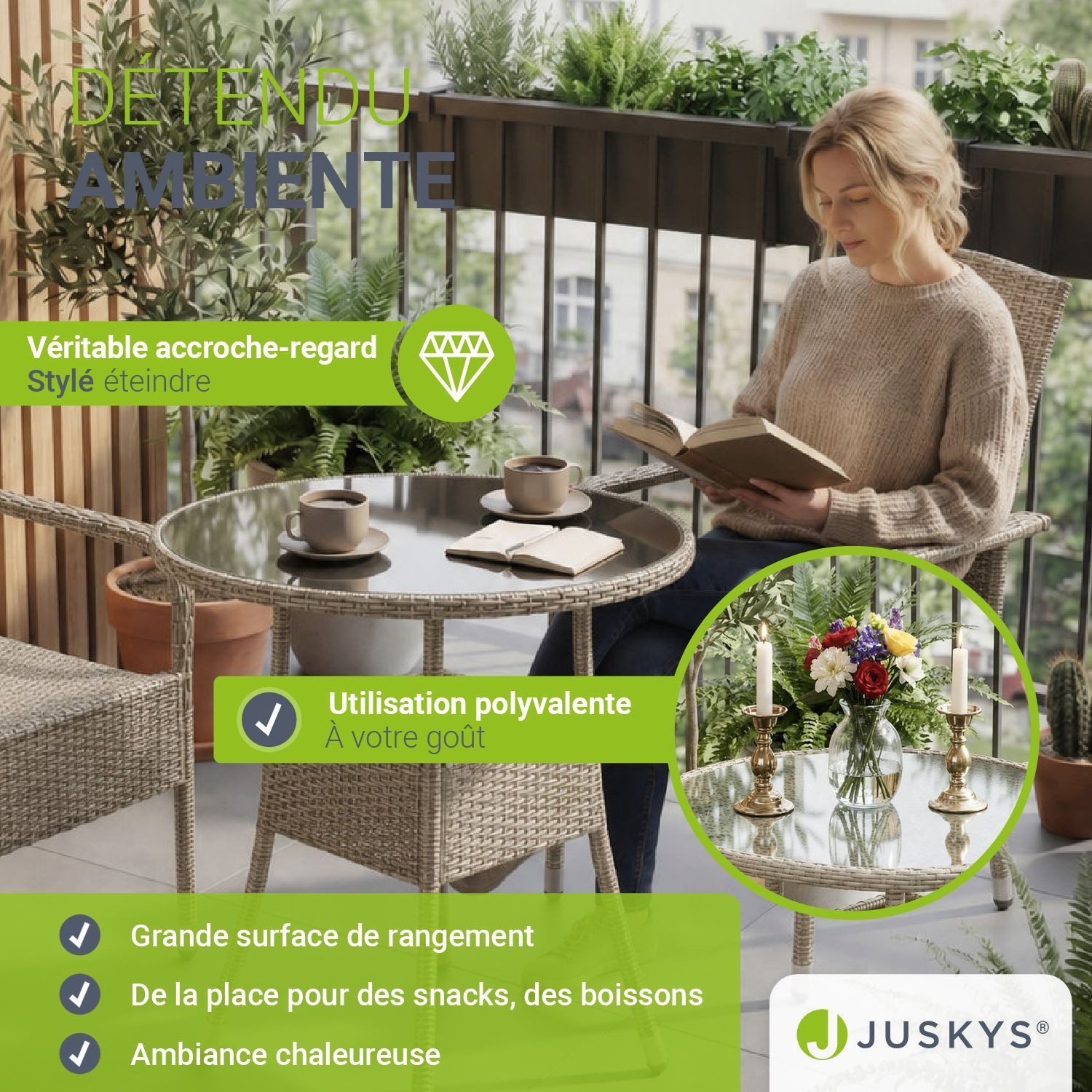 Juskys Gartentisch Yoro, rund, aus Polyrattan, wetterfest & langlebig, pflegeleicht