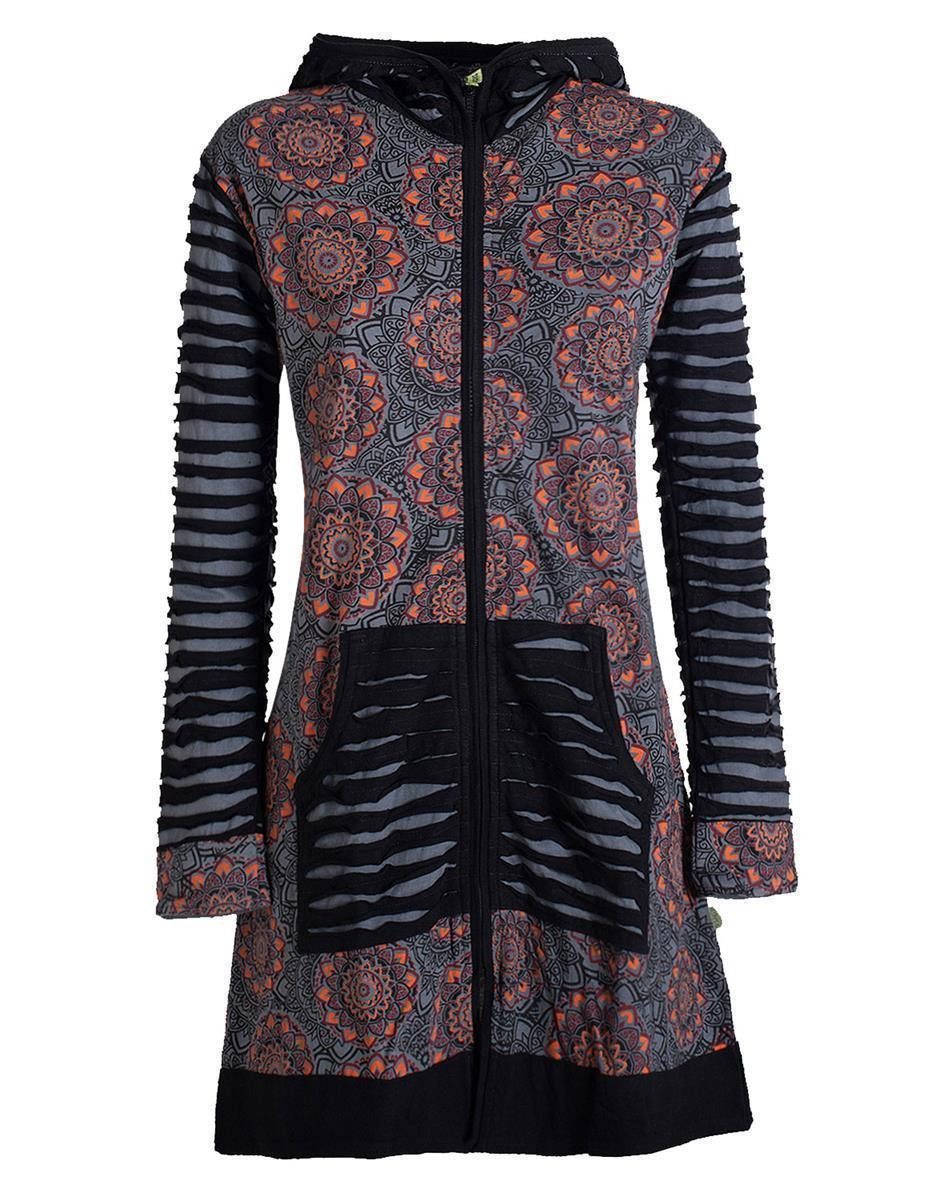 Vishes Kurzmantel Damen Blumen Mandala Jersey-Mantel Hippiemantel Kapuzenmantel Hoodie, Ethno Style