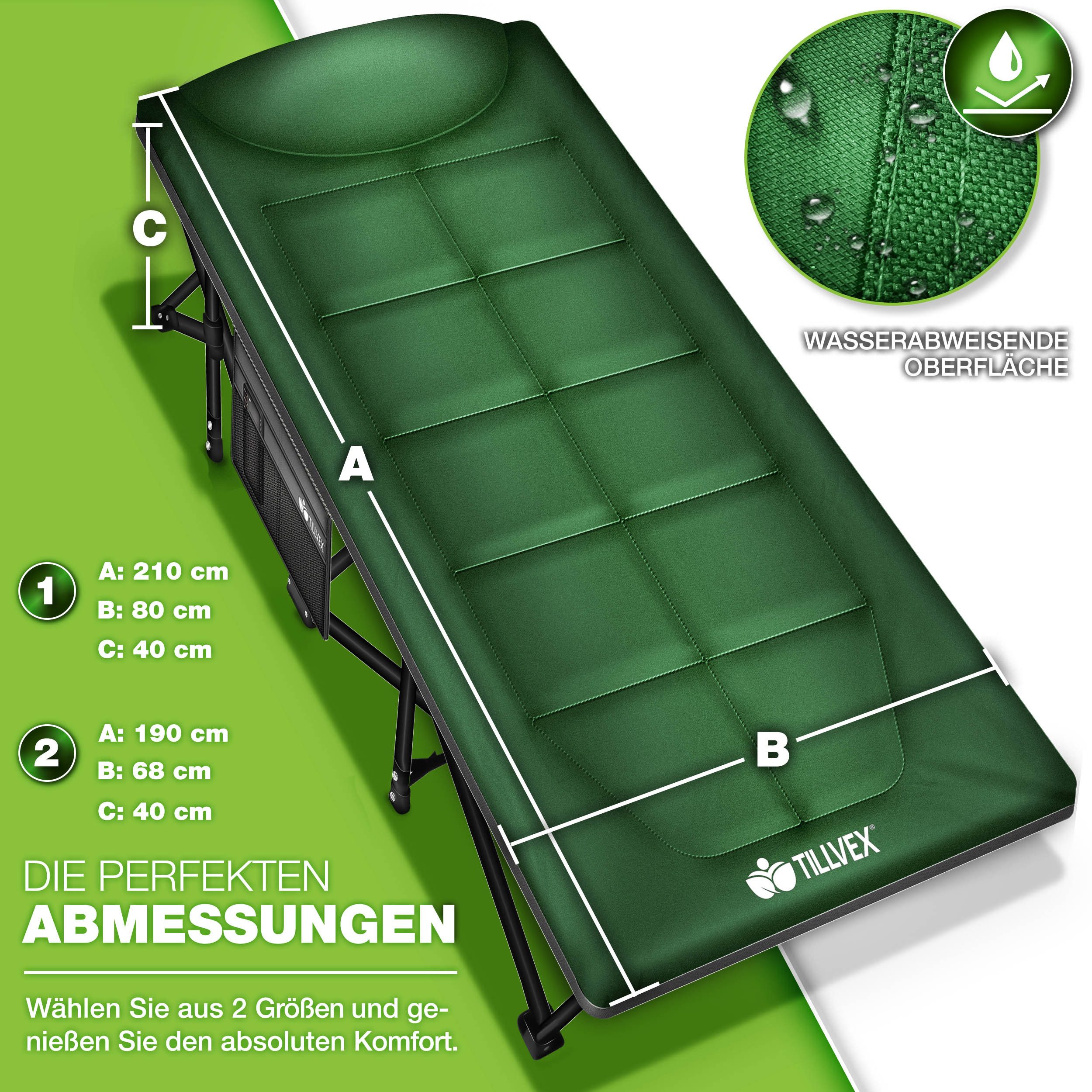 tillvex Feldbett tillvex® Campingbett klappbar mit Tragetasche, Campingliege extra (Klappbett Gästebett faltbar Garten Camping Angeln Festival Reise, Karpfenliege für Outdoor & Indoor) transportieren