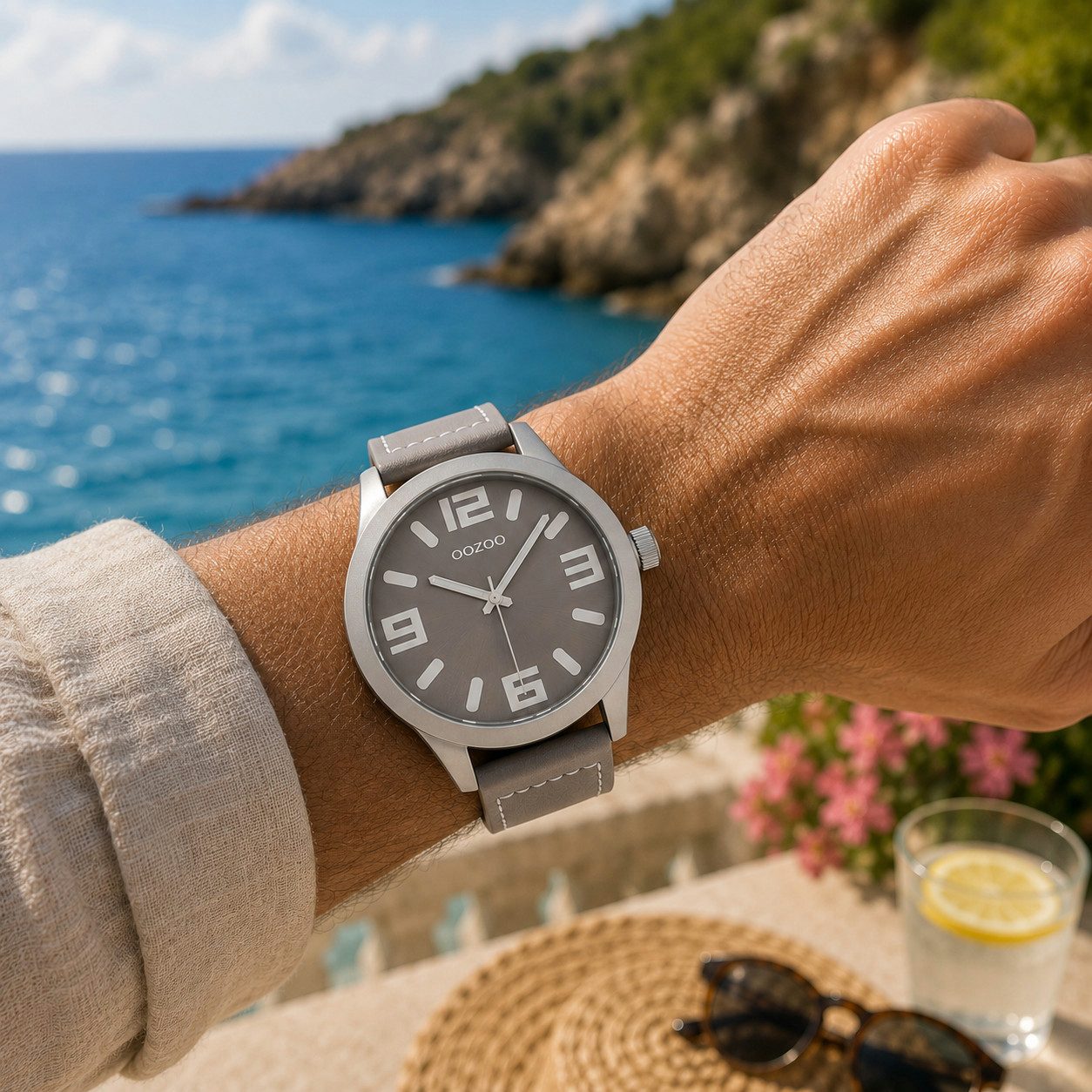 OOZOO Quarzuhr XXL Unisex Uhr C0908 Creme Taupe 46 mm Lederband Quarzuhr