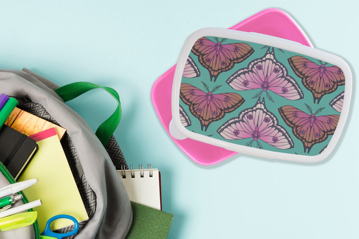 - - Brotdose Lunchbox Kunststoff, Mädchen Muster Motten -, - - Snackbox, MuchoWow - Kinder, Kunststoff Kinder (2-tlg), Erwachsene, Kinder Insekten für Mädchen Mädchen, rosa - Brotbox