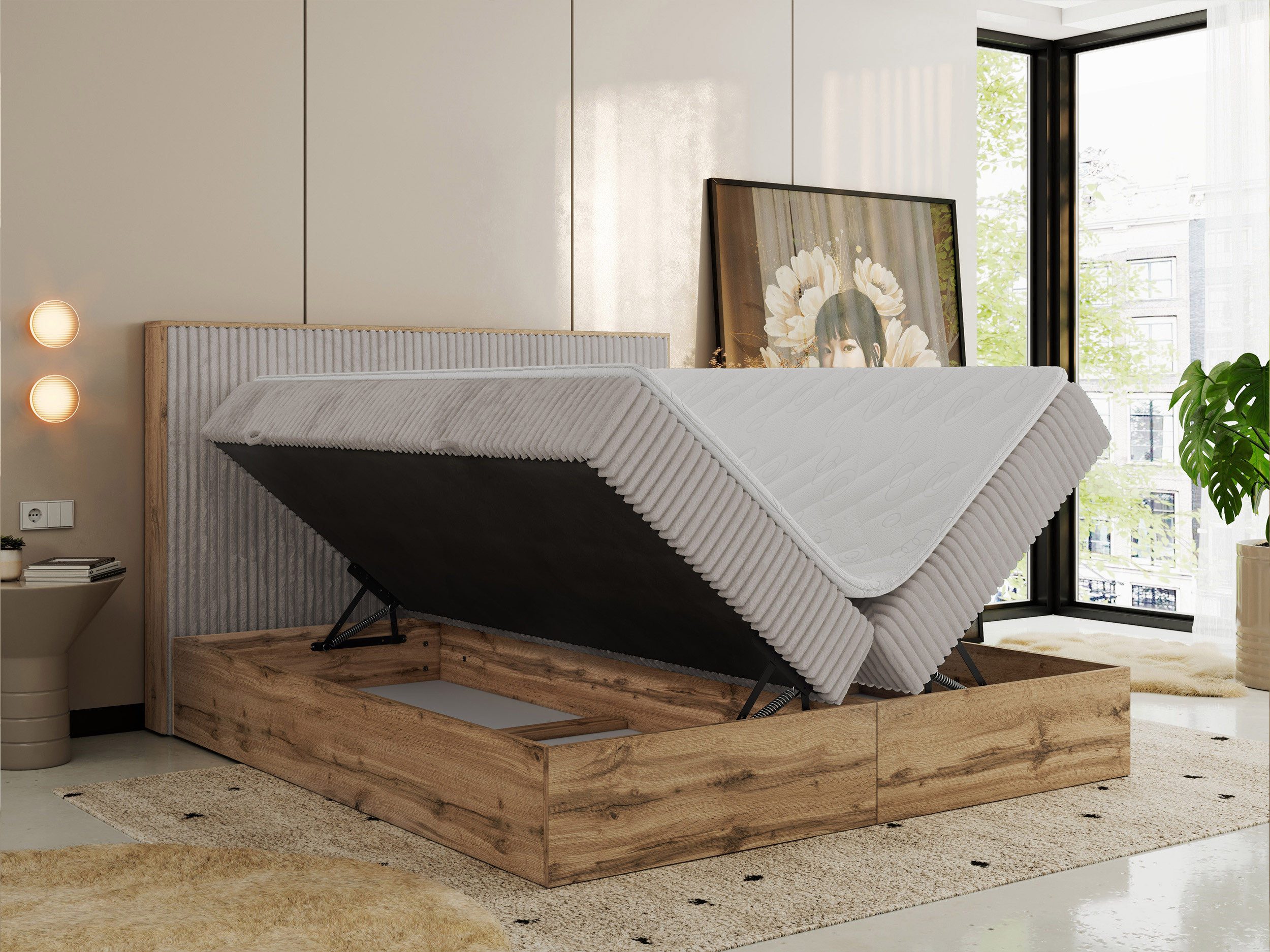 MKS MÖBEL Boxspringbett WOOD CLASSIC (Packung, Set, Topper T25/Visco, hohe Kopfteil, Multipocket-Matratze), Doppelbett, Stauraum, Möbelplattenelementen