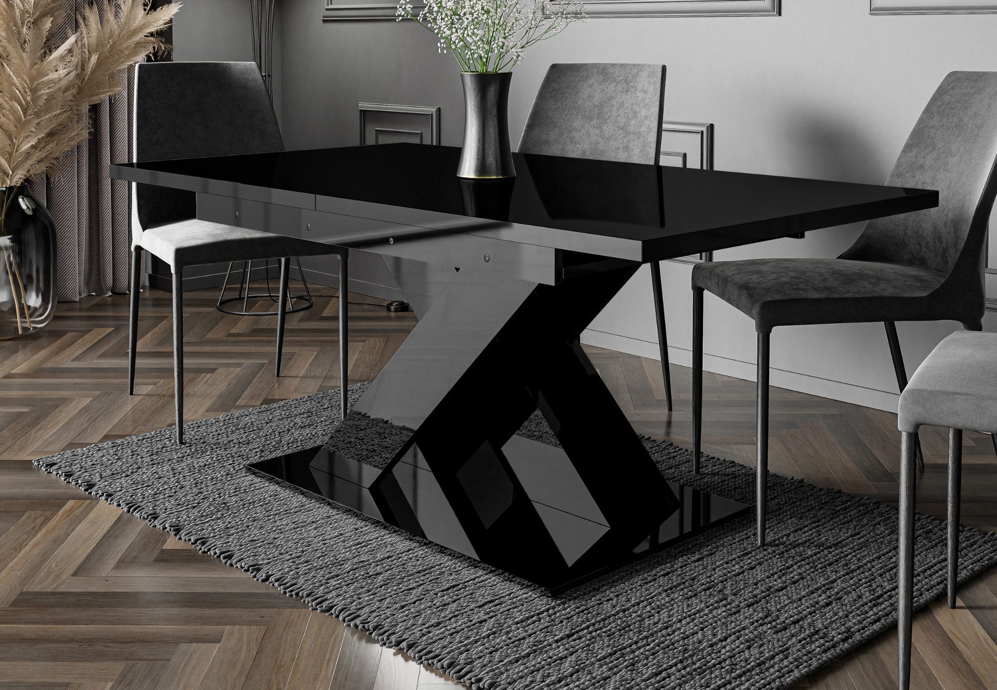 Home Collective Esstisch ausziehbar Tisch Küchentisch Esszimmertisch Ausziehtisch (Esszimmer Küche Wohnzimmer Esstisch erweiterbar), modernes Design mit X-Gestell, 140-180 x 80 cm Schwarz glänzend