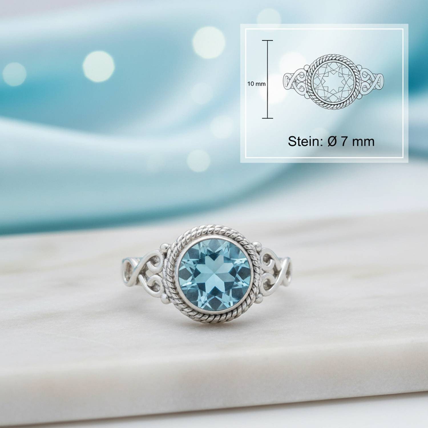 mantraroma Silberring BAGHIMI rund aus 925 Silber mit blau Topas (Ring mit Schmuckbeutel), Damenring aus 925er Silber – Bild 3 von 5