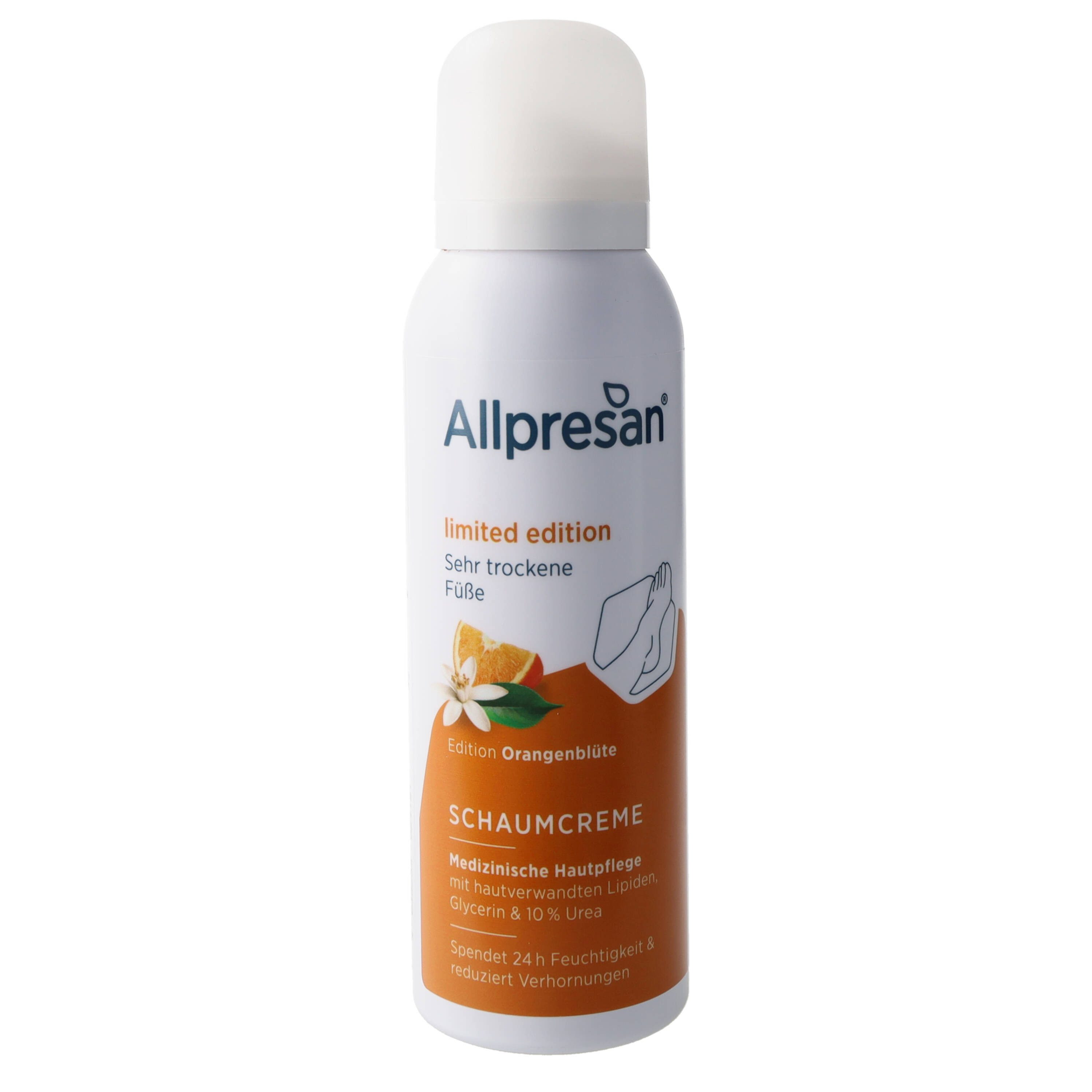 Allpresan Fußschaum Allpresan Fuß Schaumcreme Ltd. Edition Orangenblüte 125ml Für trockene Füße, 1-tlg., Duftende Pflege mit hautverwandten Lipiden, Glycerin & 10% Urea