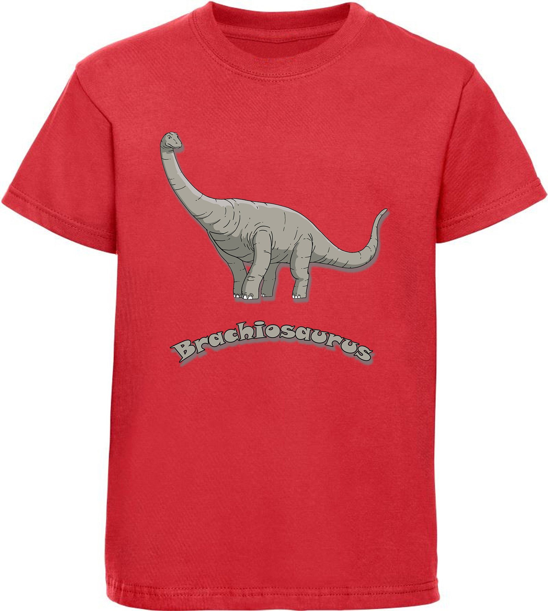 MyDesign24 Print-Shirt bedrucktes Kinder Dino, blau, mit T-Shirt schwarz, Baumwollshirt rot, mit Brachiosaurus weiß, i66