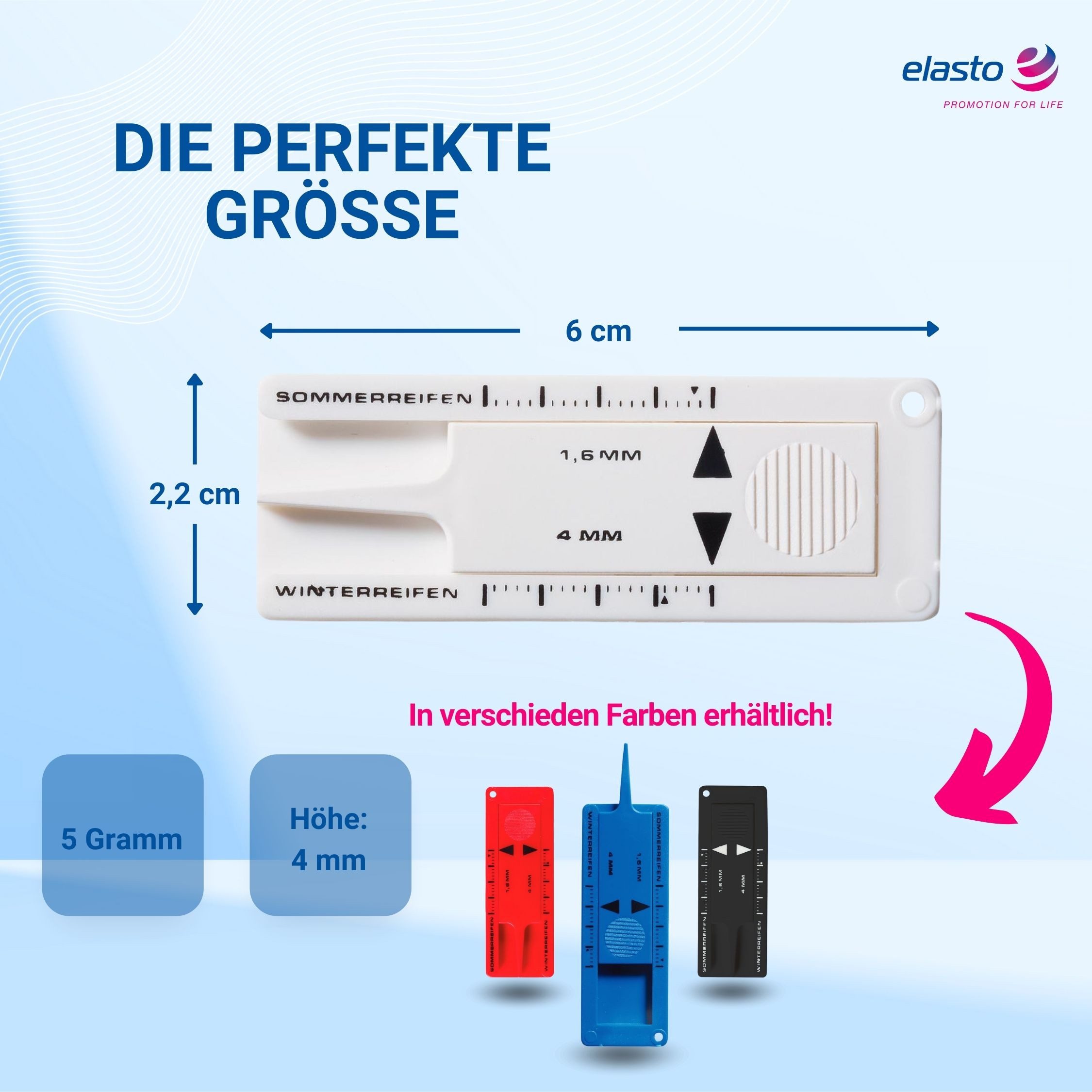 elasto Schlüsselanhänger Reifen Profiltiefenmesser 0-20 mm Messbereich To Go – Bild 3 von 5