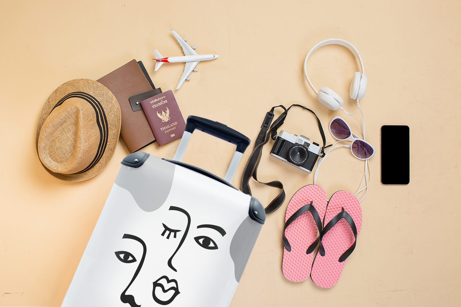 Reisekoffer 4 - - für Schwarz Weiß, Handgepäckkoffer Gesicht Reisetasche rollen, Handgepäck mit Ferien, Rollen, MuchoWow Trolley,