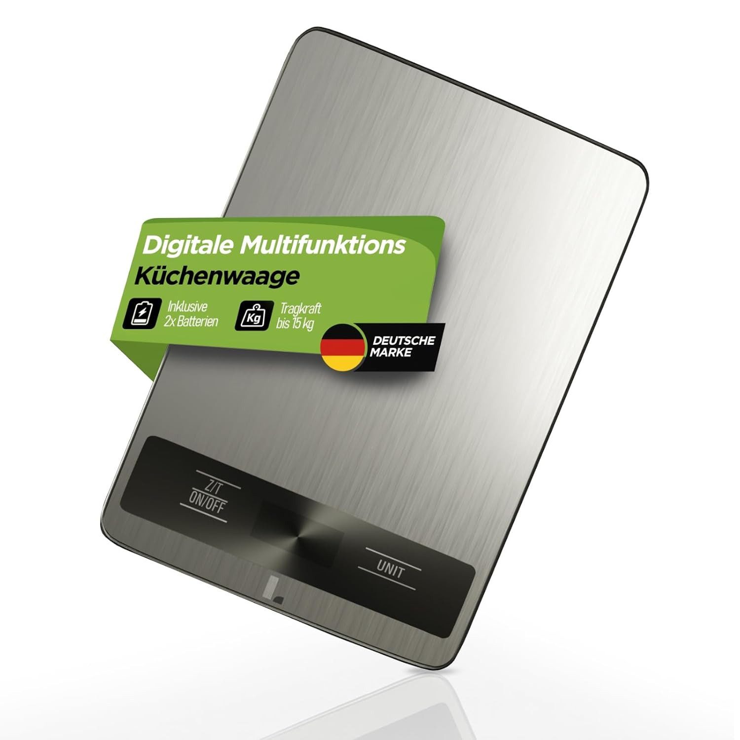 LUNARIA Küchenwaage Premium Küchenwaage 15 kg Digitale Lebensmittelwaage g/kg/oz/lb/ml, LCD-Display, präzises Wiegen 1 Gramm, Große Wiegefläche