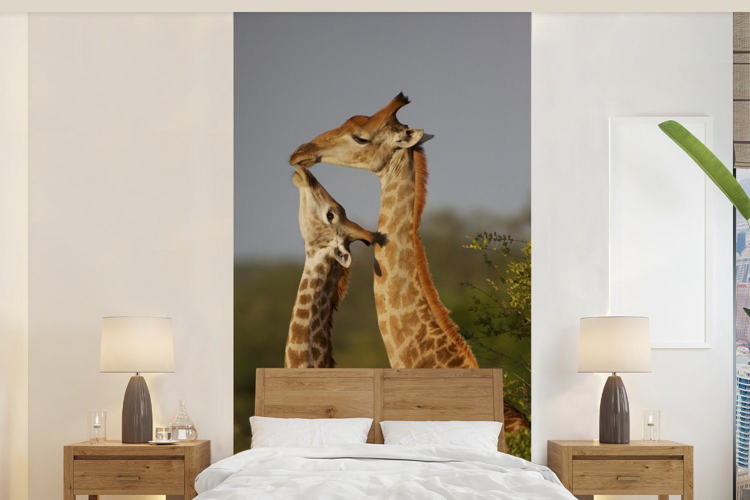 MuchoWow Fototapete Giraffe - Baum - Kalb - Porträt, Matt, bedruckt, (2 St), Vliestapete für Wohnzimmer Schlafzimmer Küche, Fototapete