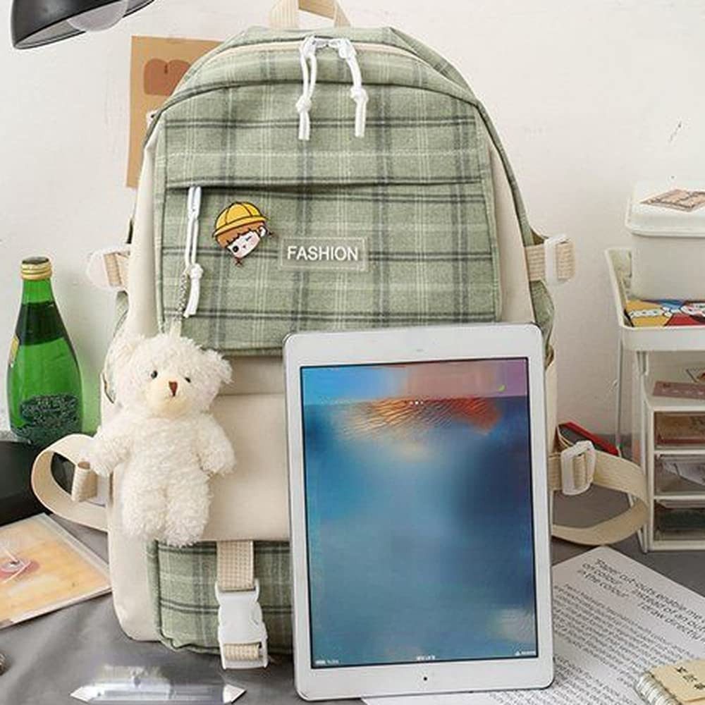 Coonoor Schulrucksack 5-teiliges Kawaii-Rucksack-Set mit Karomuster, Schulranzen, Umhängetasche, Federmäppchen, mit Kawaii-Bärenanhänger – Bild 4 von 5