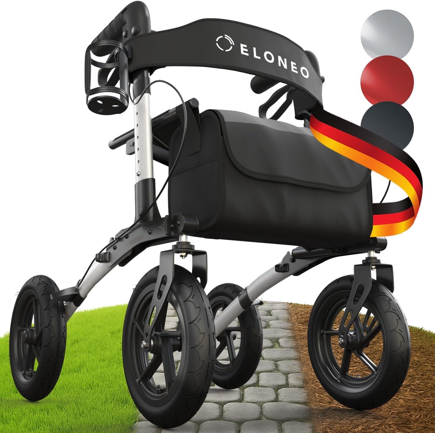 ELONEO Rollator faltbar & leicht, Outdoor Rollator mit Sitz & Luftbereifung, Klick & Go System, feststellbare Bremse, Lufträder