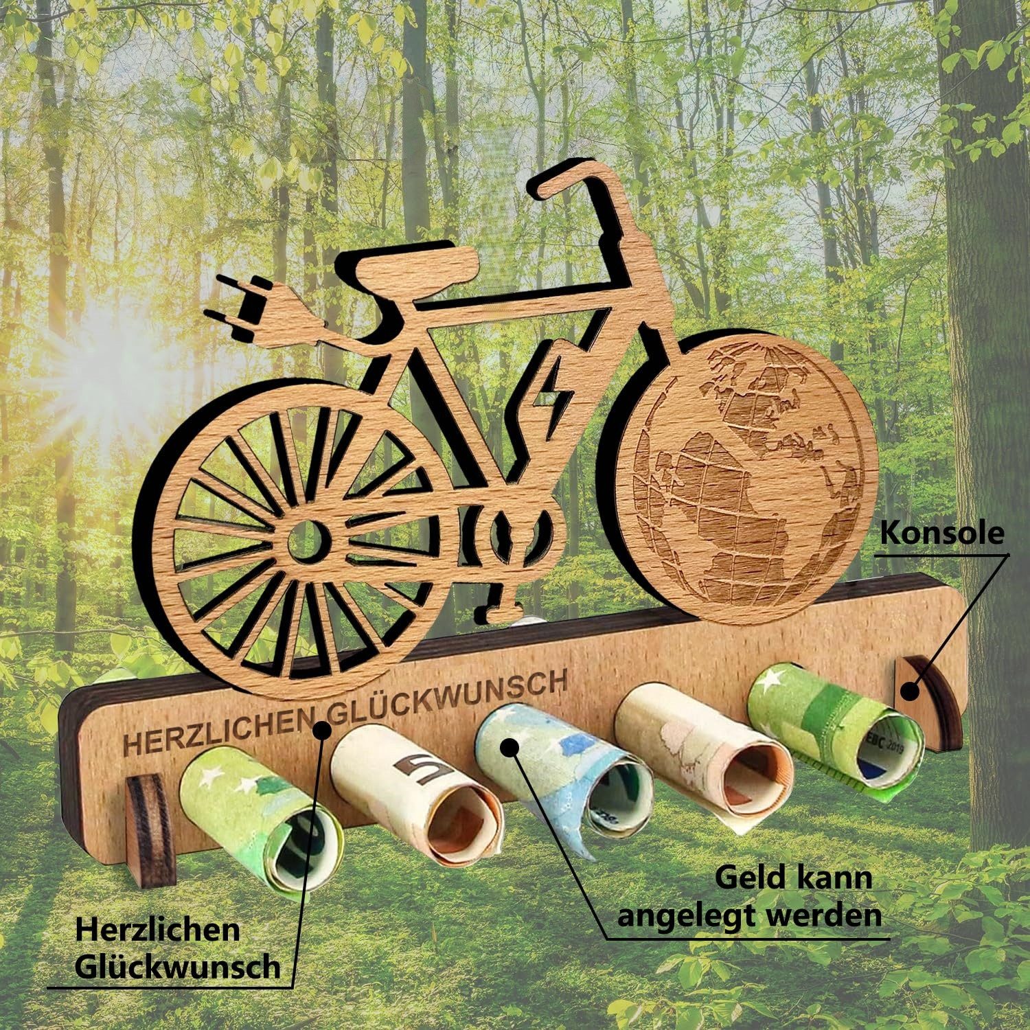FOUORTUNATE-BEE Grußkarten Geldgeschenk Holz Fahrrad Geburtstag Geschenk für Radfahrer, Holz Geldgeschenk Fahrrad mit Halter für Geld Gutscheine Fotos – Bild 4 von 5