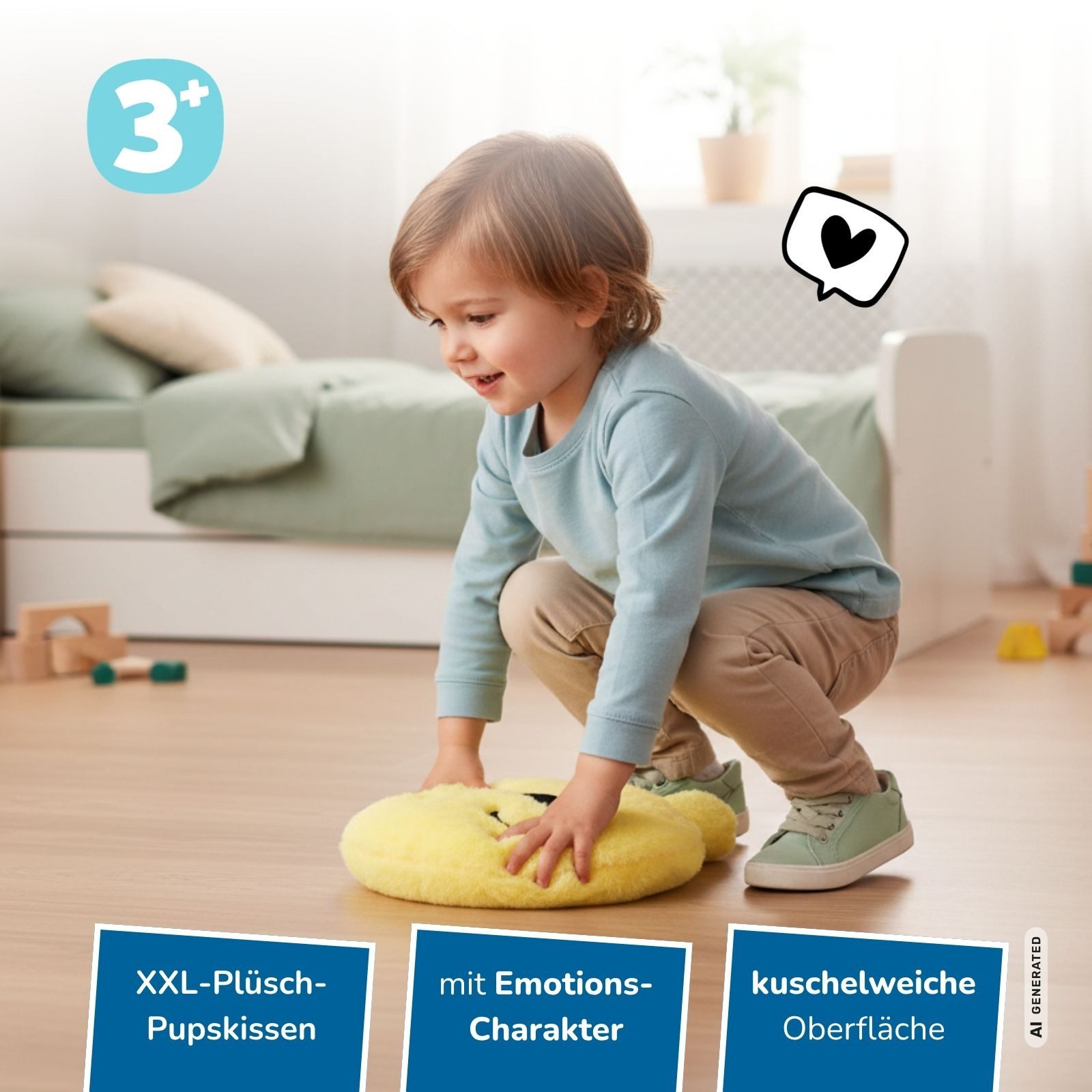 alldoro Kuscheltier XXL Plüsch-Furzkissen Sunny, großes Pupskissen in Gelb mit Pups-Sound, mit Gesicht, animiert zum Lachen & Reden über Gefühle, für Kinder ab 3