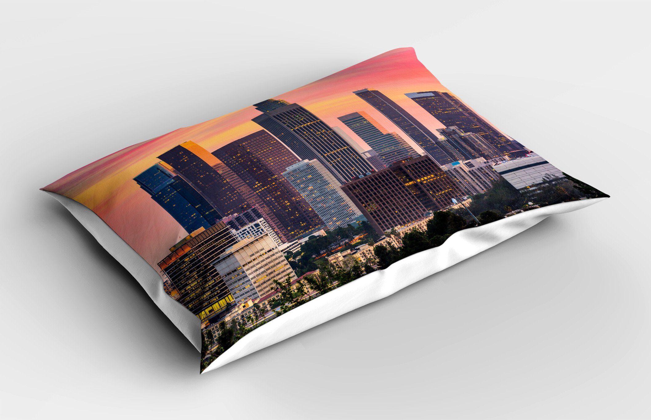Kissenbezüge Dekorativer Standard Size Gedruckter Kopfkissenbezug, Abakuhaus (1 Stück), Stadt Los Angeles Skyline orange Himmel