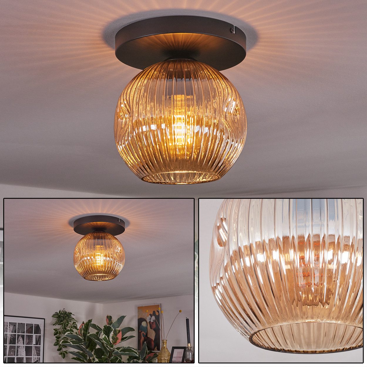 hofstein Deckenleuchte Deckenlampe aus Metall/Riffelglas in günstig online kaufen