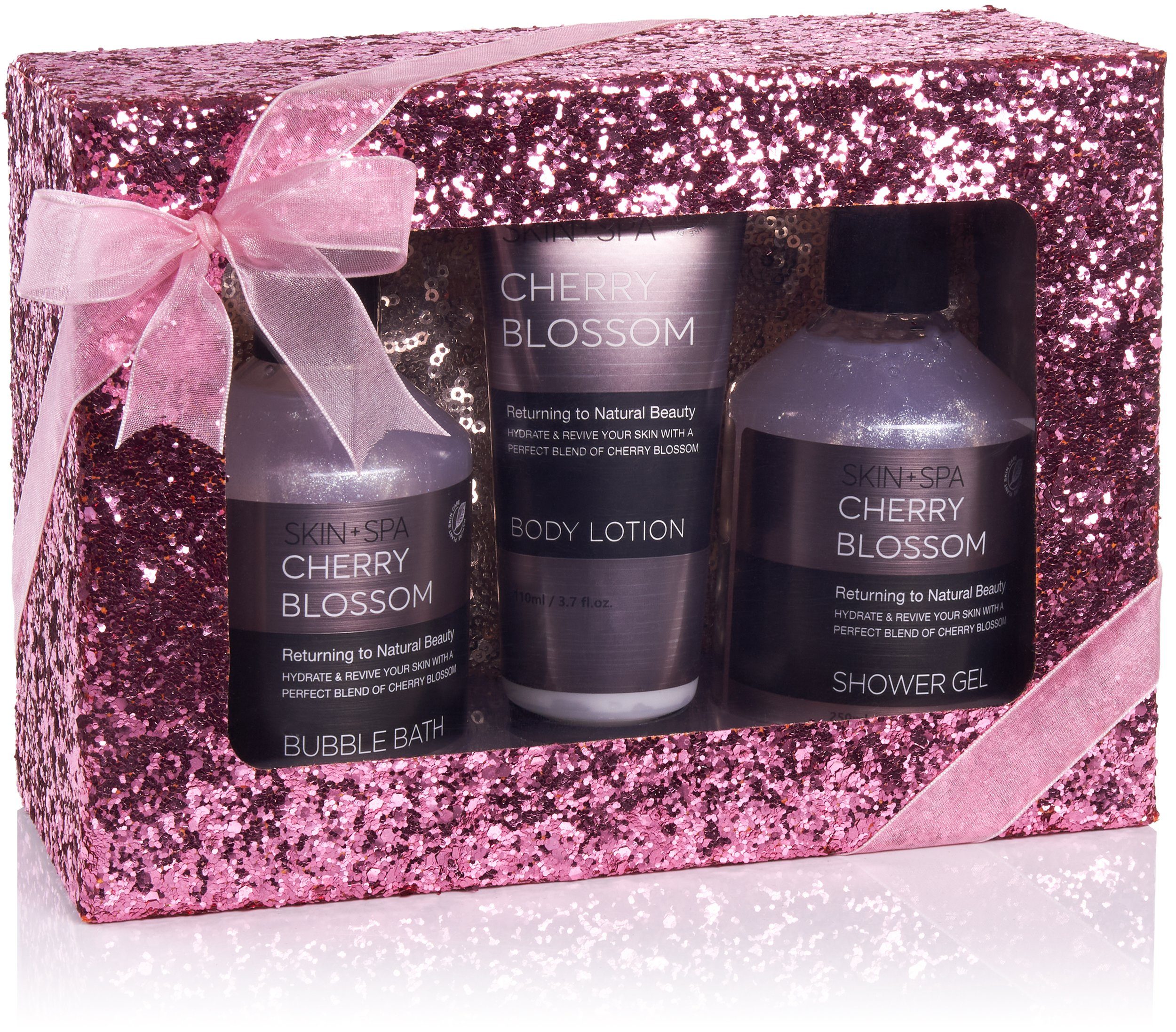 BRUBAKER Hautreinigungs-Set Frauen Glitzer Dusch- und Badeset, Pflegeset mit Kirschblüten Duft, 4-tlg., Damen Geschenkset mit Kosmetiktasche