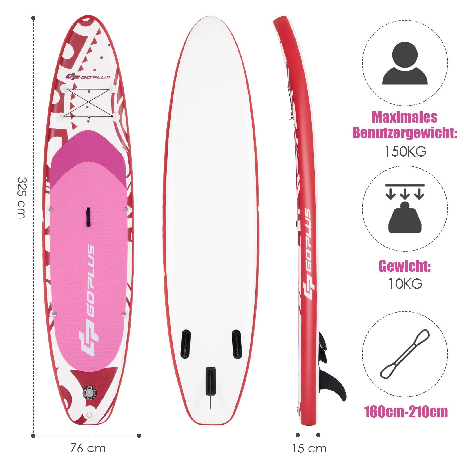 COSTWAY SUP-Board Stand Up Paddling bis 150kg Board, Sitz, rosa ohne