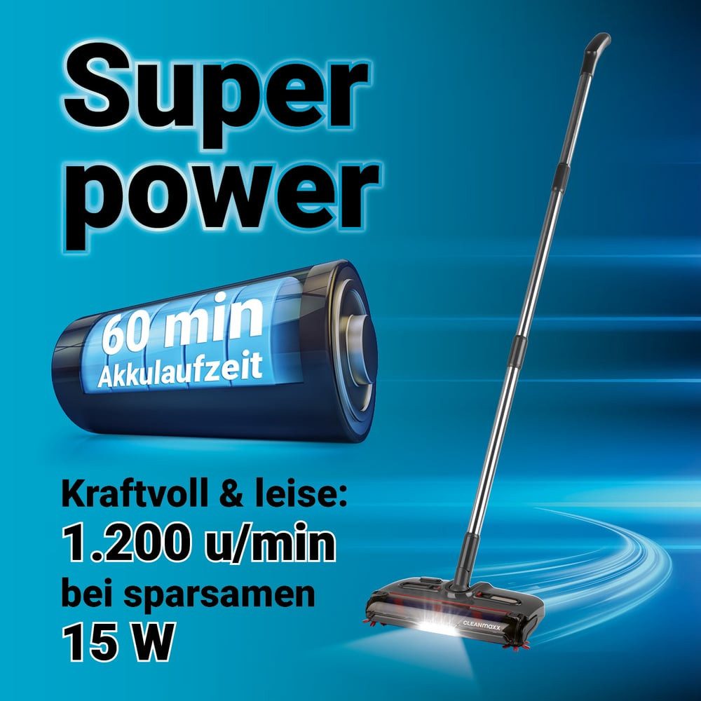 CLEANmaxx Akkubesen mit Licht 3,7V grau ideal in Ecken, 15 W, Reinigung für Teppich Fliesen Laminat mit 300-ml Schmutzbehälter