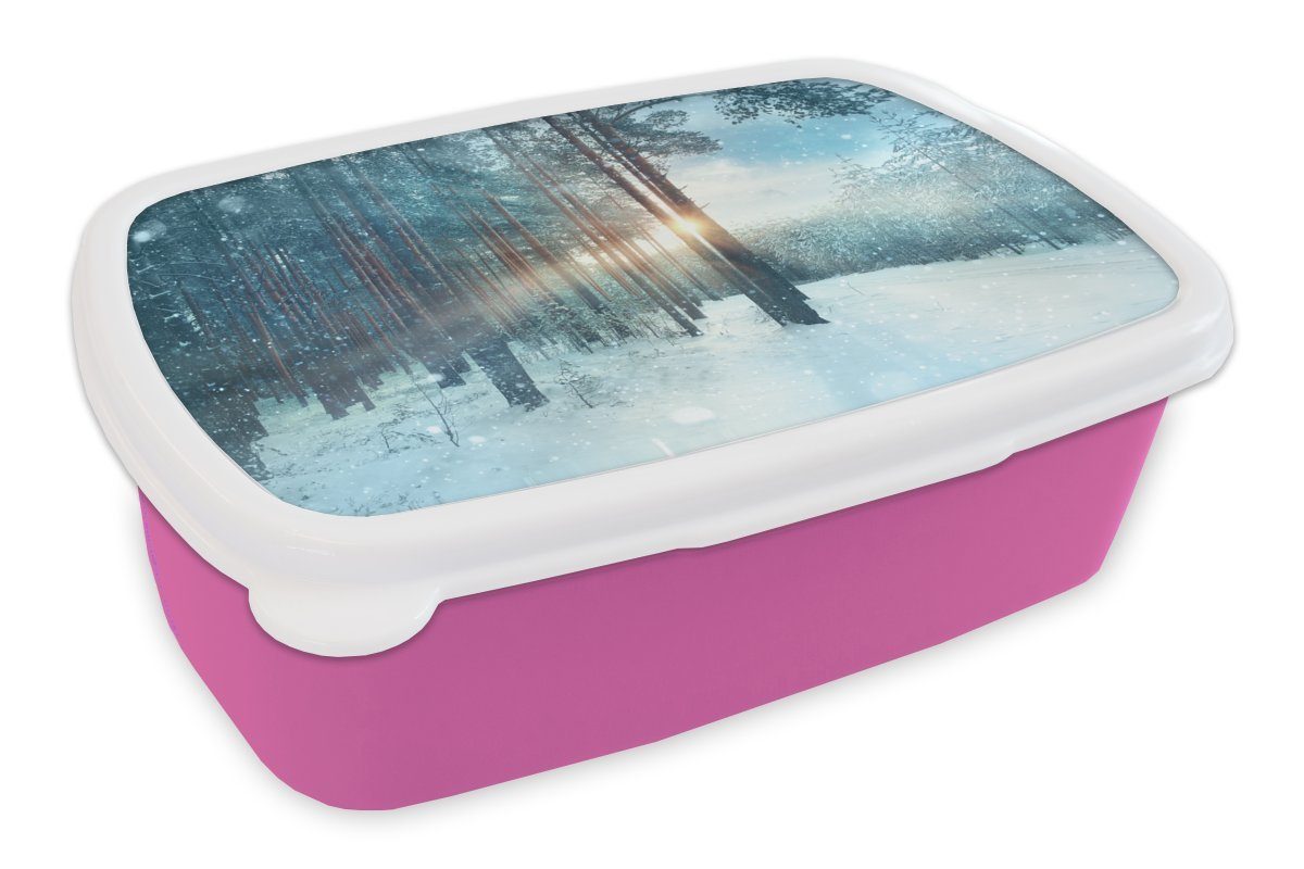 - - rosa Schnee für - Brotdose Brotbox Wald, Lunchbox MuchoWow Kunststoff, Sonne Winter Kinder, Snackbox, (2-tlg), Erwachsene, Mädchen, Kunststoff