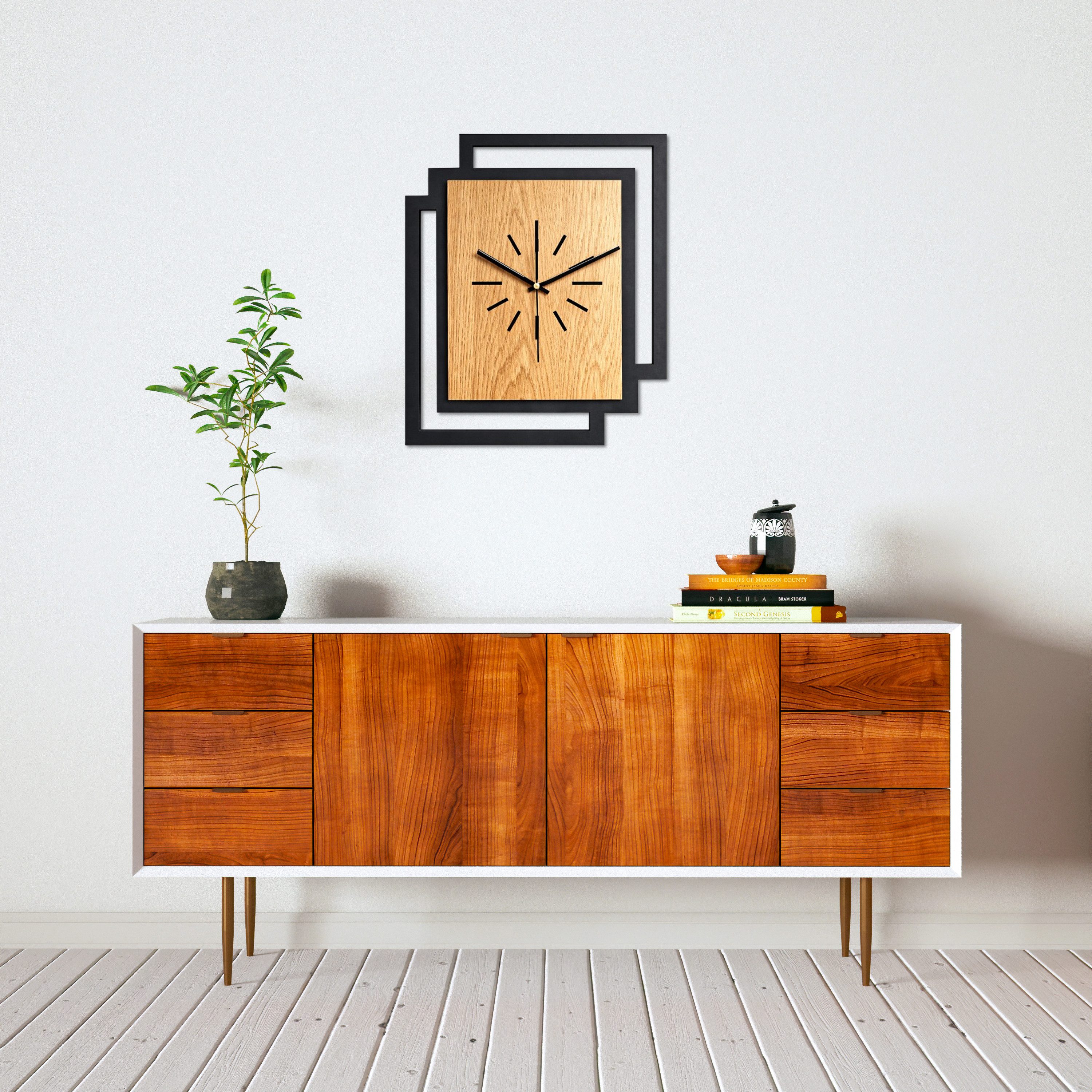 ORNAMENTI Wanduhr Große handgefertigte moderne aus Holz, Hingucker Wanddeko 45 x 55 cm (Rechteckig vertikal ohne Tickgeräusche für Wohnzimmer, ohne Ziffern)
