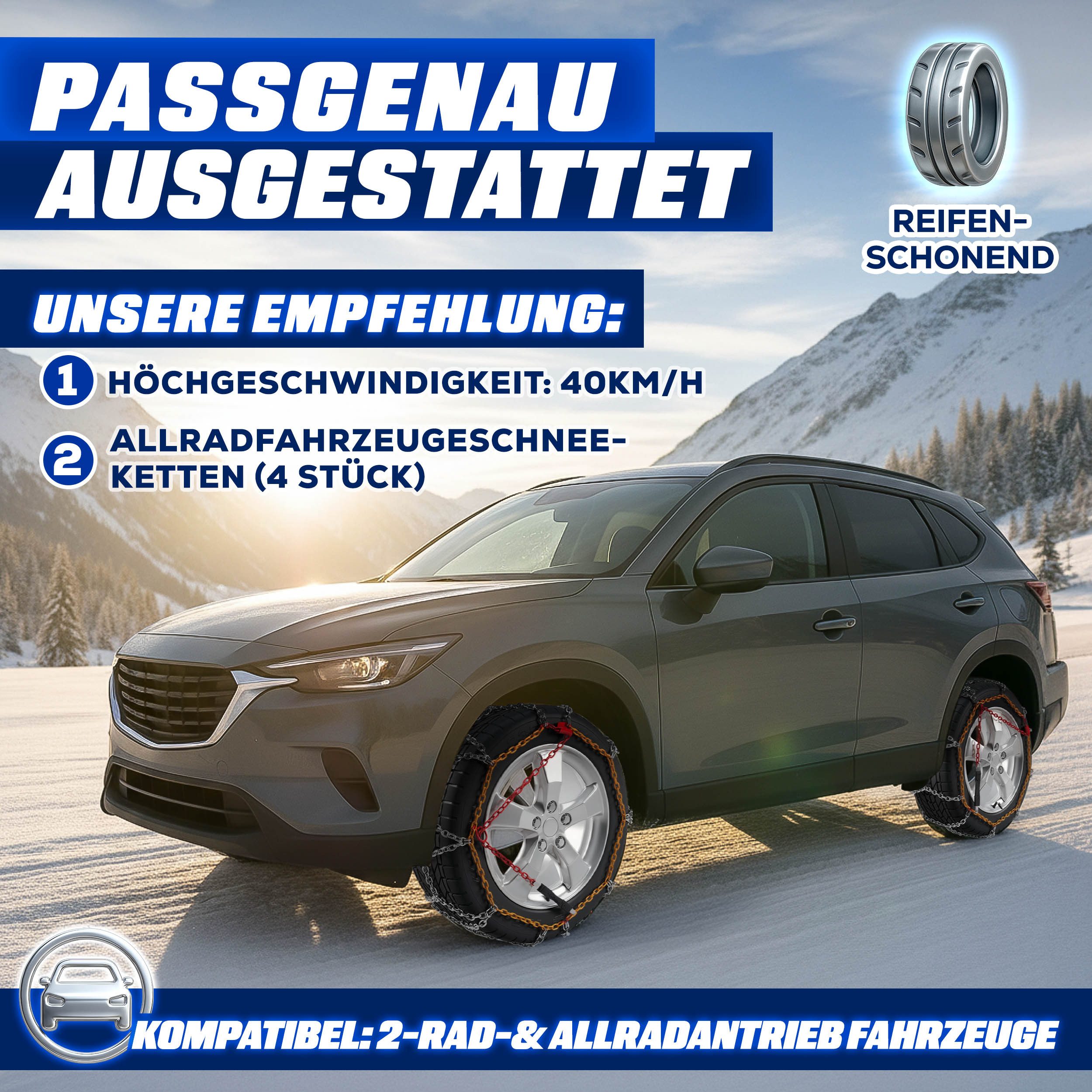 TRESKO Snow Chains 2x Snow Chain Car incl. Gloves and Storage Box, (Car Metal Tire Chains EN 16662-1 & ÖNORM V5117, Snow Chain for Front, Rear, All-Wheel Drive)