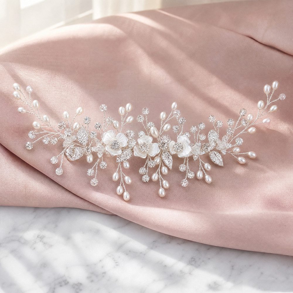 nsihing Haarspange Haarschmuck Hochzeit Silber, Haarschmuck Braut Mit Perlen und Blume, Für Bräute Brautjungfern Blumenmädchen Damen