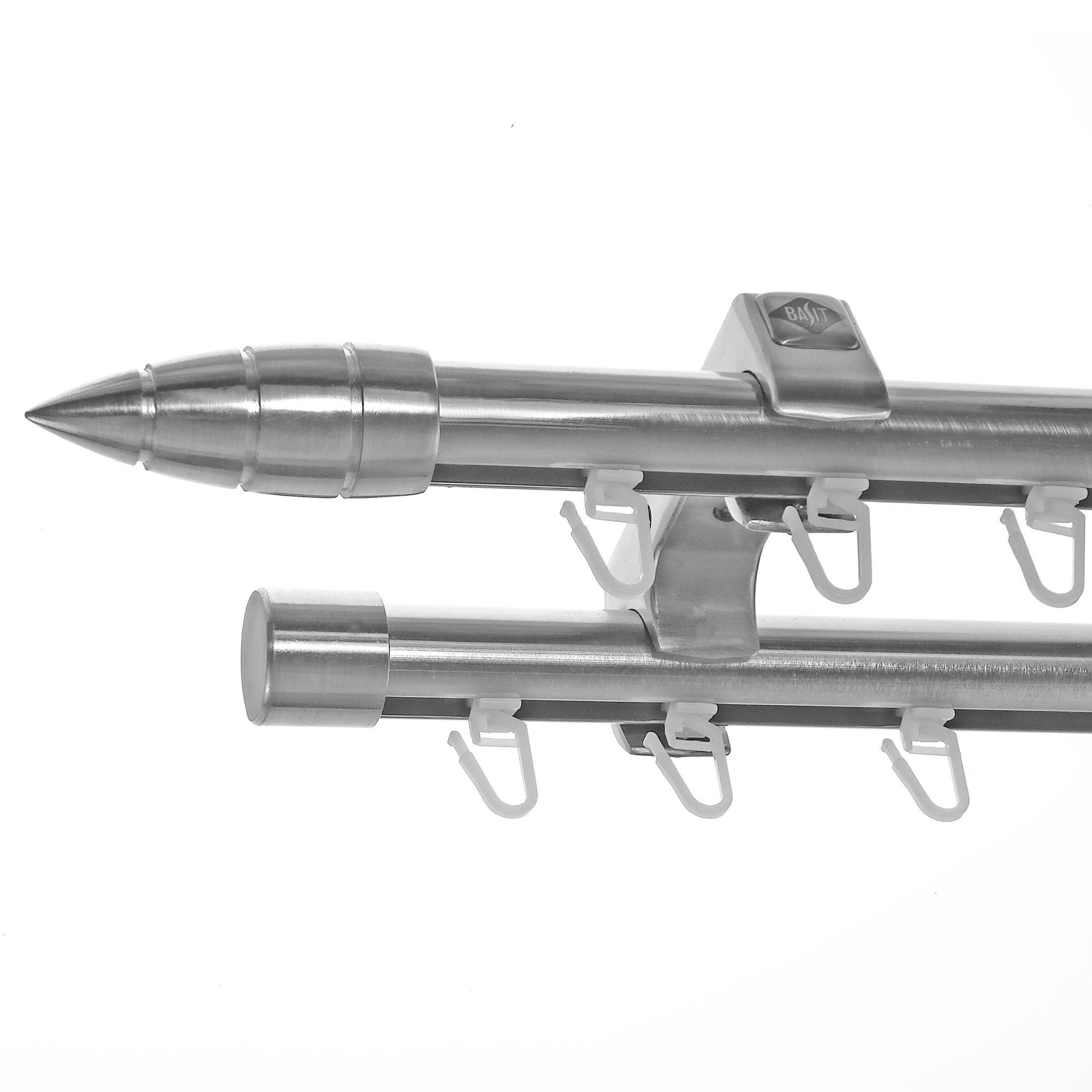 BASIT Gardinenstange Innenlauf Edelstahloptik 20mm mit Deckenträgern 360 cm E81, Ø 20 mm, 2-läufig, verschraubt, Aluminium, D60II 360 cm E81 Spitze mit Rillen