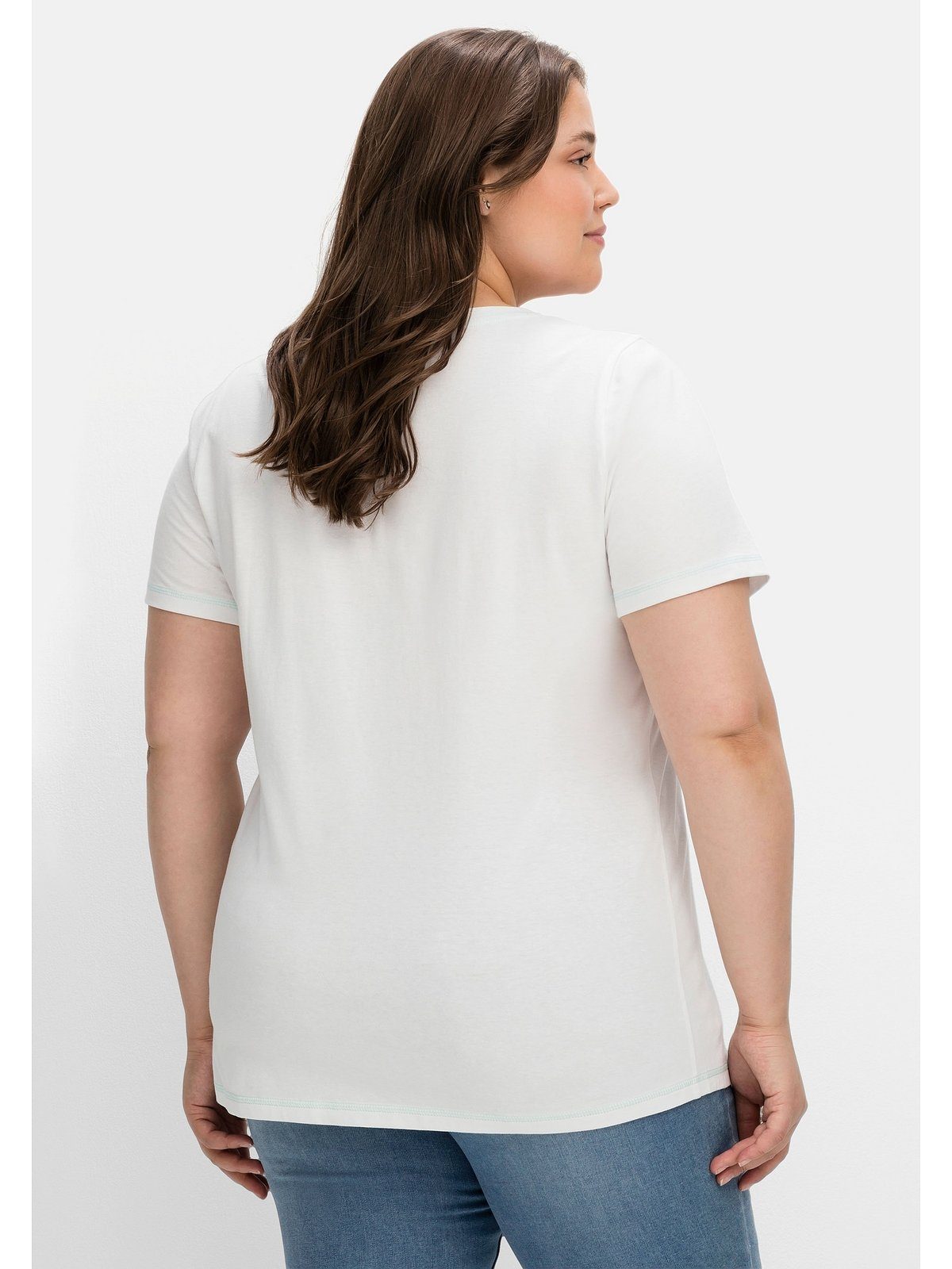 Größen leicht Große bedruckt T-Shirt tailliert Sheego mit Wordingprint, weiß