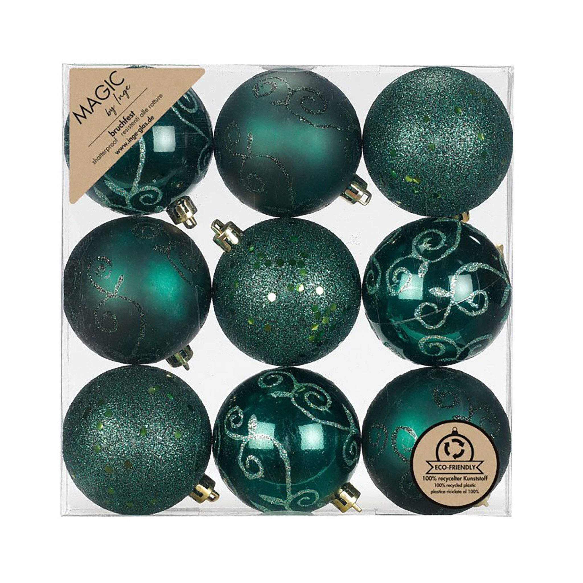MAGIC by Inge Weihnachtsbaumkugel, Weihnachtskugeln Kunststoff 6cm mit Glitzer 9er Set - Noble Green