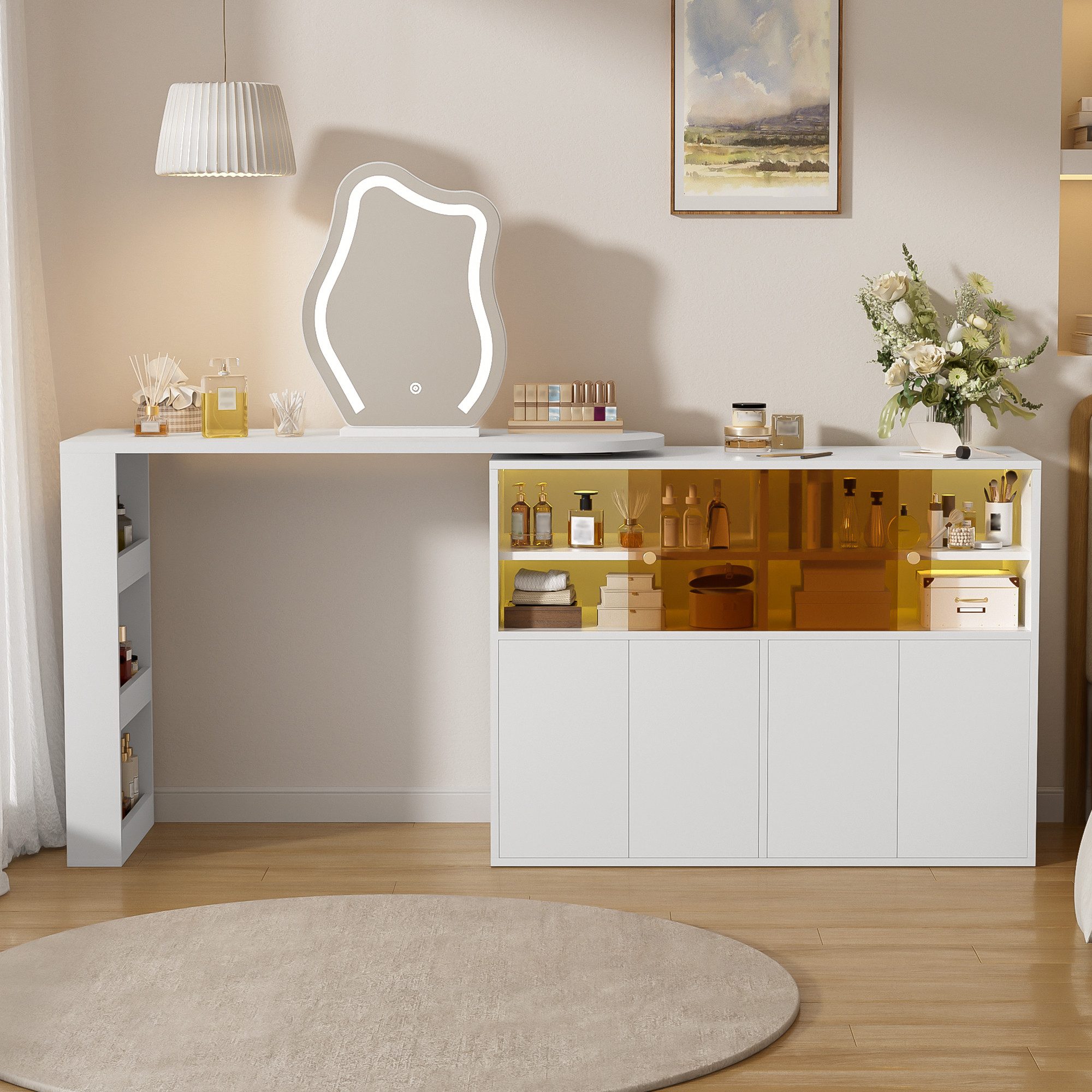 Flieks Schminktisch, Drehbarer Schminktisch 177×40×131.5cm mit LED-Spiegel, vielem Stauraum