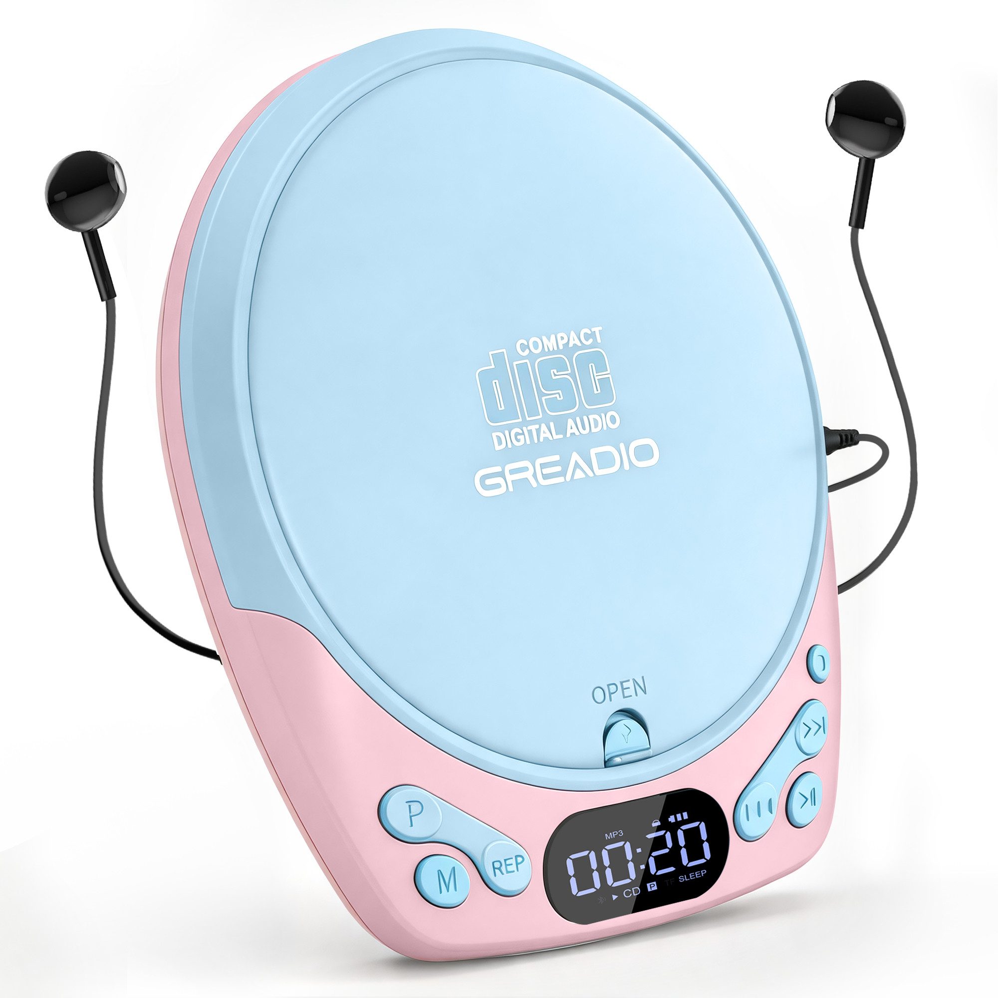 Greadio CD40 tragbarer CD-Player (mit Kopfhörern, Wiederaufladbar, Anti-Skip, CD/MP3/TF/AUX)