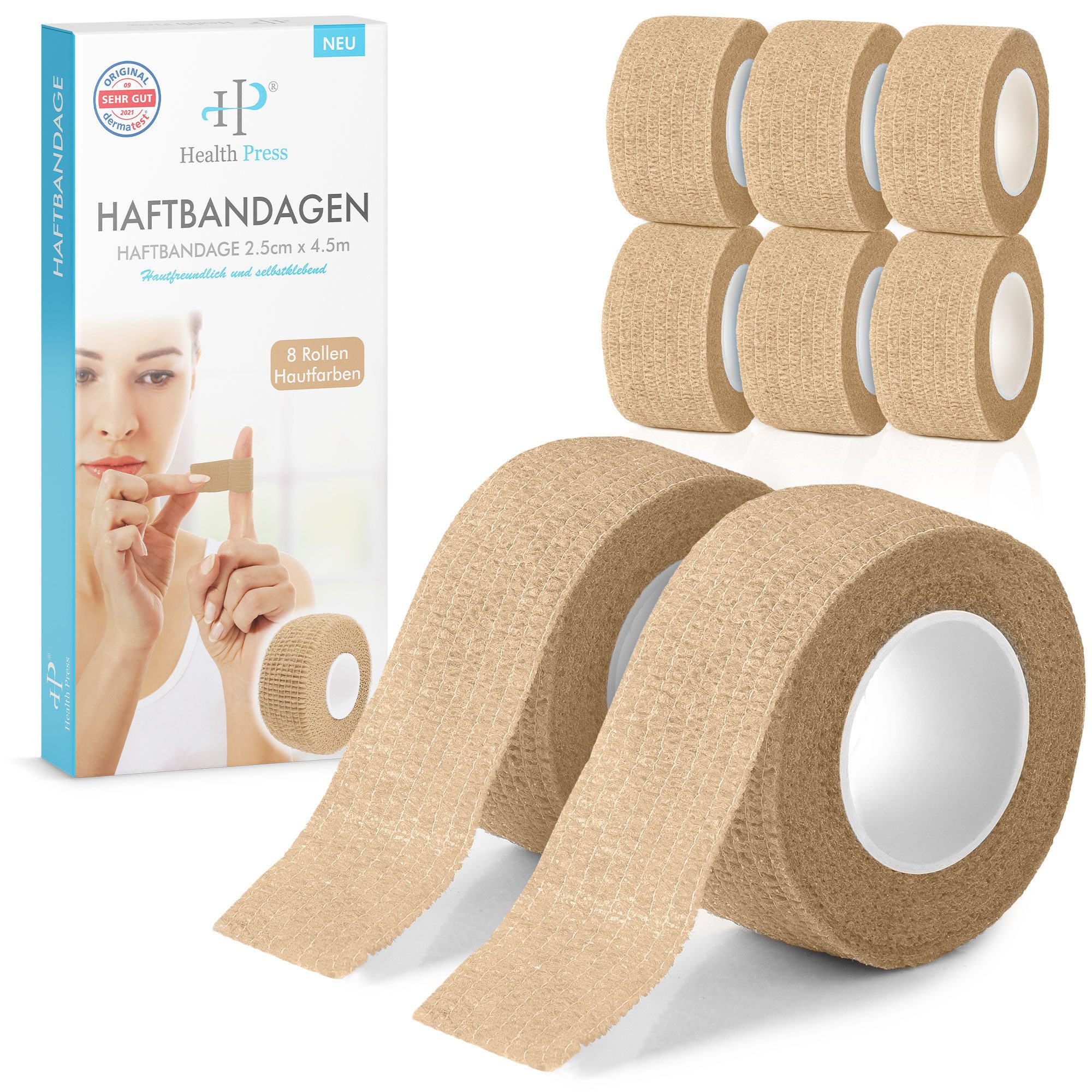 Health Press Bandage Fingerpflaster Selbsthaftend - 8x Pflaster Rolle (2,5cm x 4,5m)