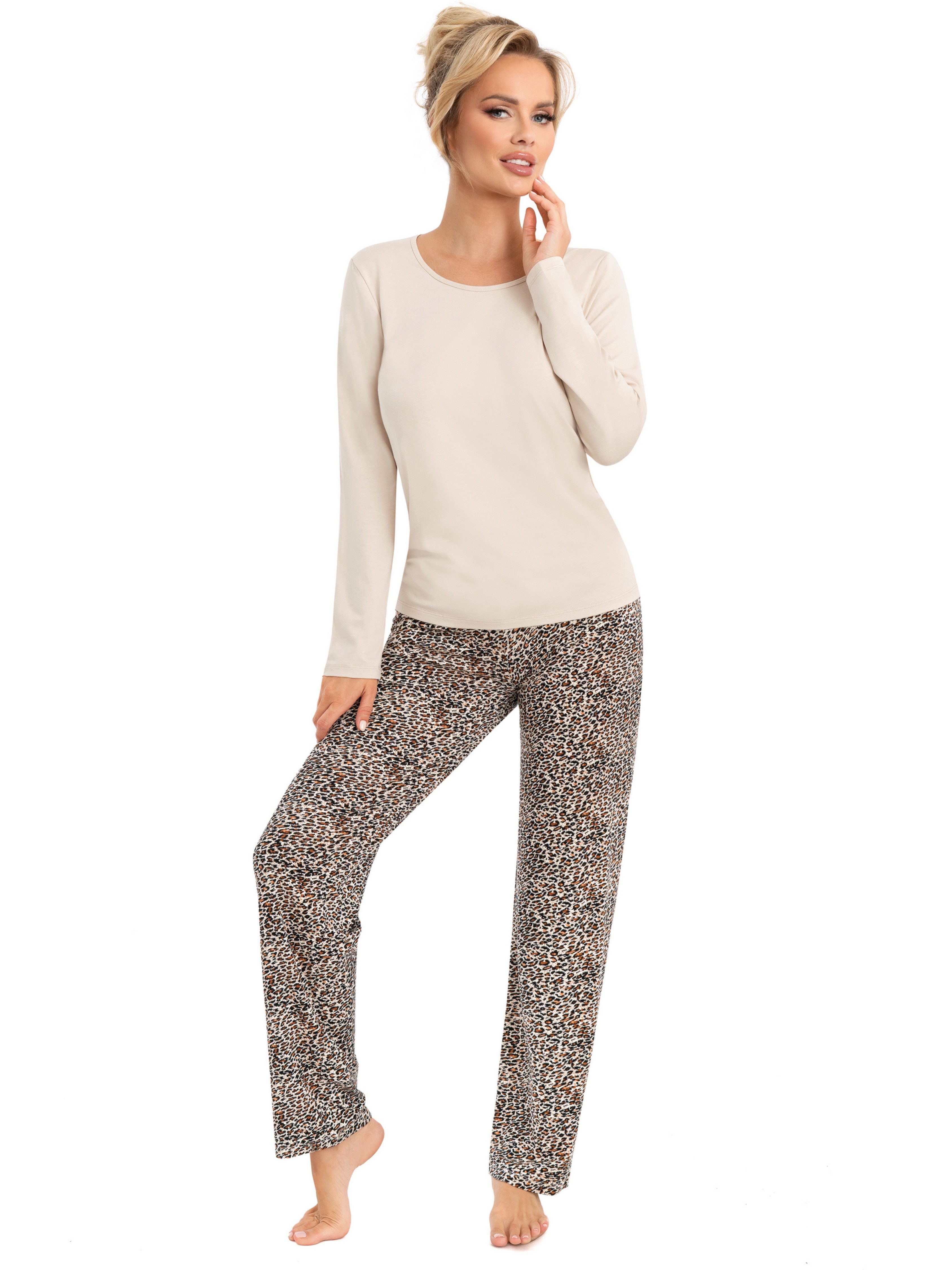 Donna Pyjama Schlafanzug lang mit beigem Shirt & Leo-Print Hose besonders w günstig online kaufen