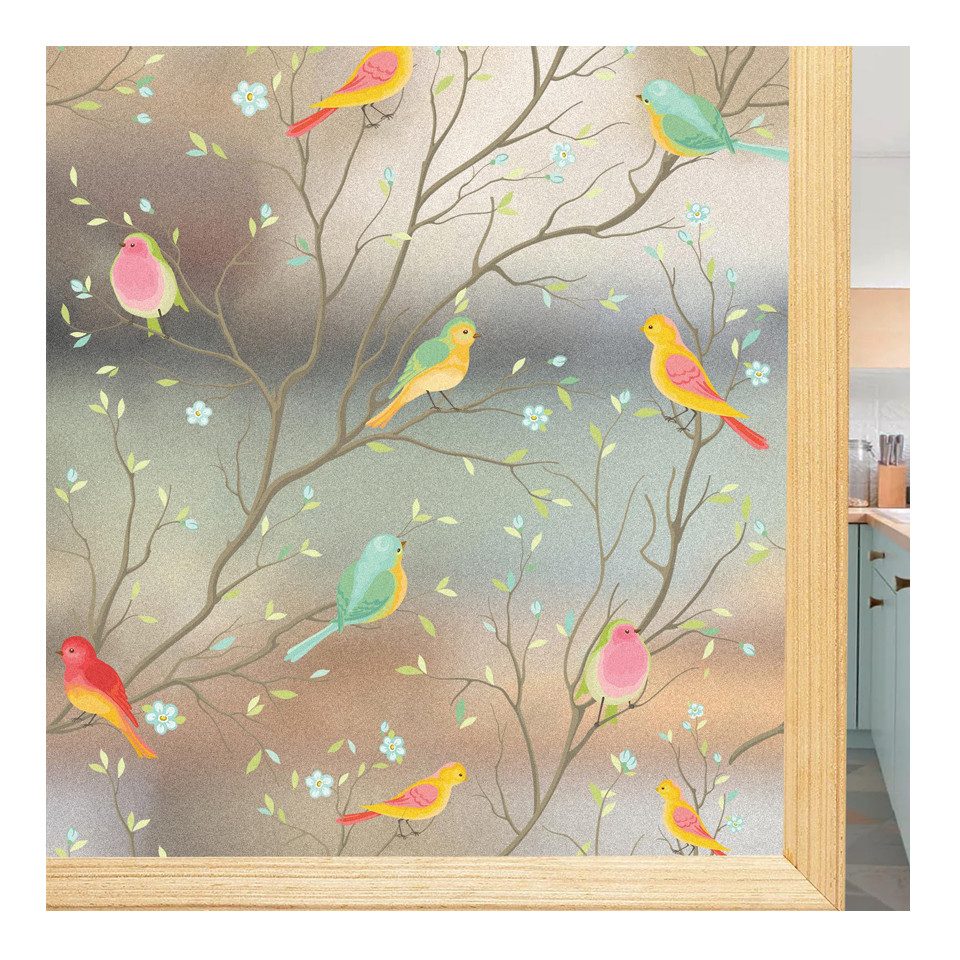 Diwzbyn Fensterfolie Blickdicht, Selbsthaftend Milchglasfolie, Sichtschutzfolie Fenster, Sonnenschutzfolie Statisch Haftend Anti UV Dekorfolie Vogel