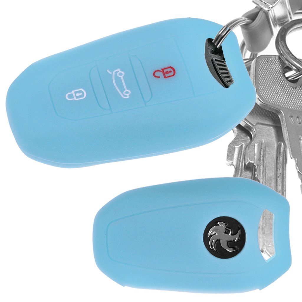 mt-key Schlüsseltasche Autoschlüssel Softcase Silikon Schutzhülle fluoreszierend Blau, für Citroen C4 DS4 DS6 DS5 DS7 Peugeot 208 508 2008 4008 KEYLESS