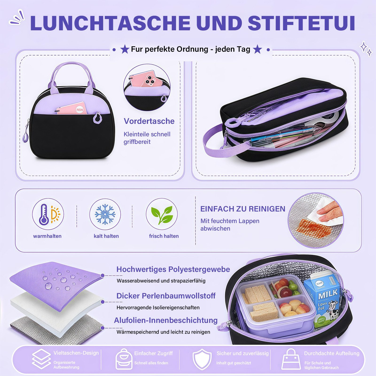 MOPUEA Schulrucksack Schulrucksack Set 3-tlg Wasserabweisend Ergonomisch mit Viele Fächer (3-teiliges Schulrucksack Set für Schule und Freizeit, 3-teiliges Schulrucksack Set für Schule und Freizeit), 17,6 Zoll Laptopfach leicht ergonomisch isolierte Lunch Tasche