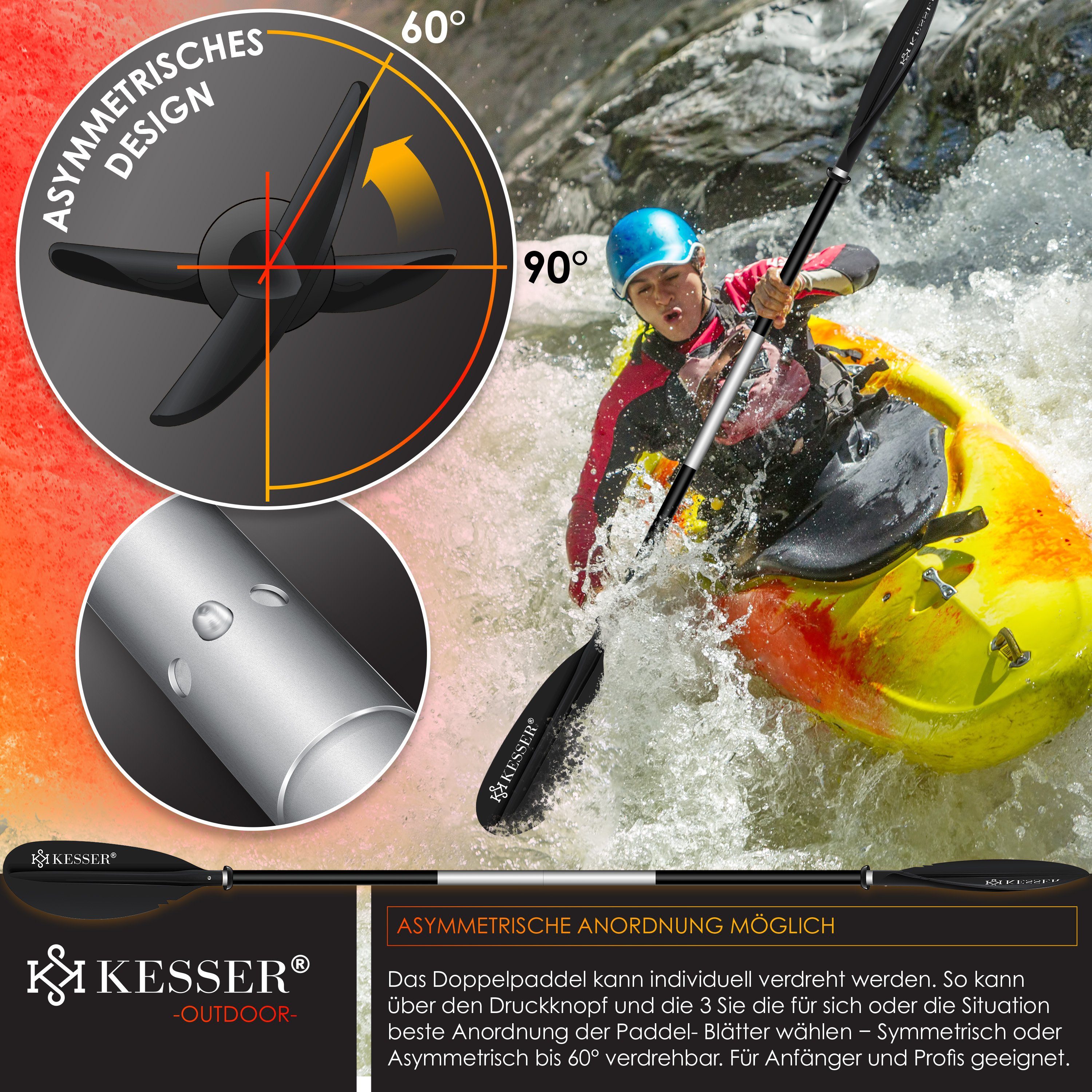 für Kayak Paddle Doppelpaddel SUP schwarz Stand-Up 4-teilig SUP-Paddel, Kanu KESSER