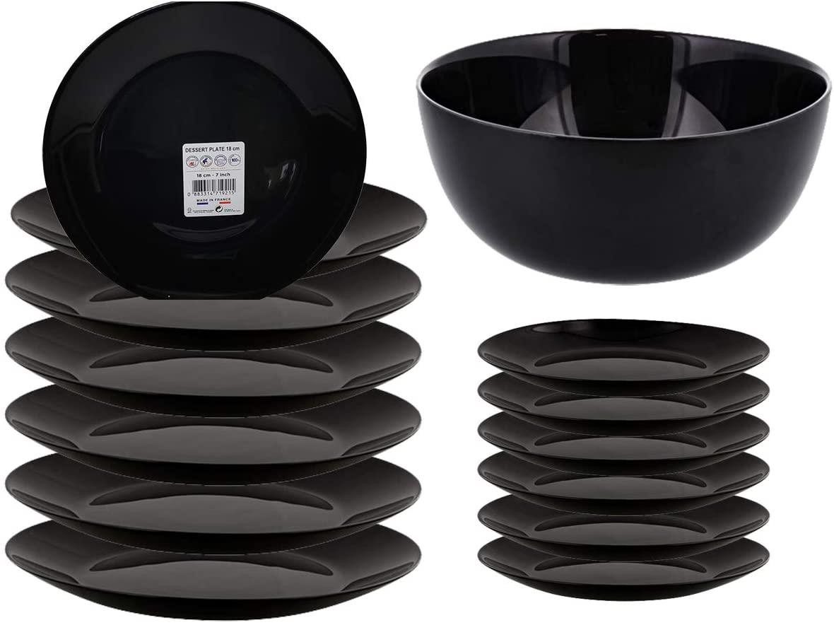 Riyashop Geschirr-Set Opalglas Speiseteller Dessertteller Schale Schwarz 6 x Speiseteller