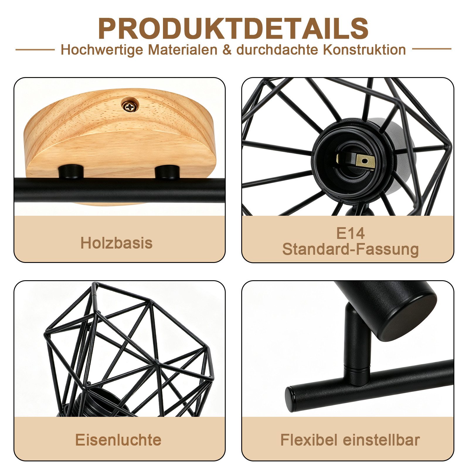 Nettlife Deckenstrahler Retro schwarz 1/2/3/4flammig Holz E14 industrieller Vintage Deckenspot, ohne Leuchtmittel, für Flur Küche Wohnzimmer Retro Deckenleuchte – Bild 5 von 5