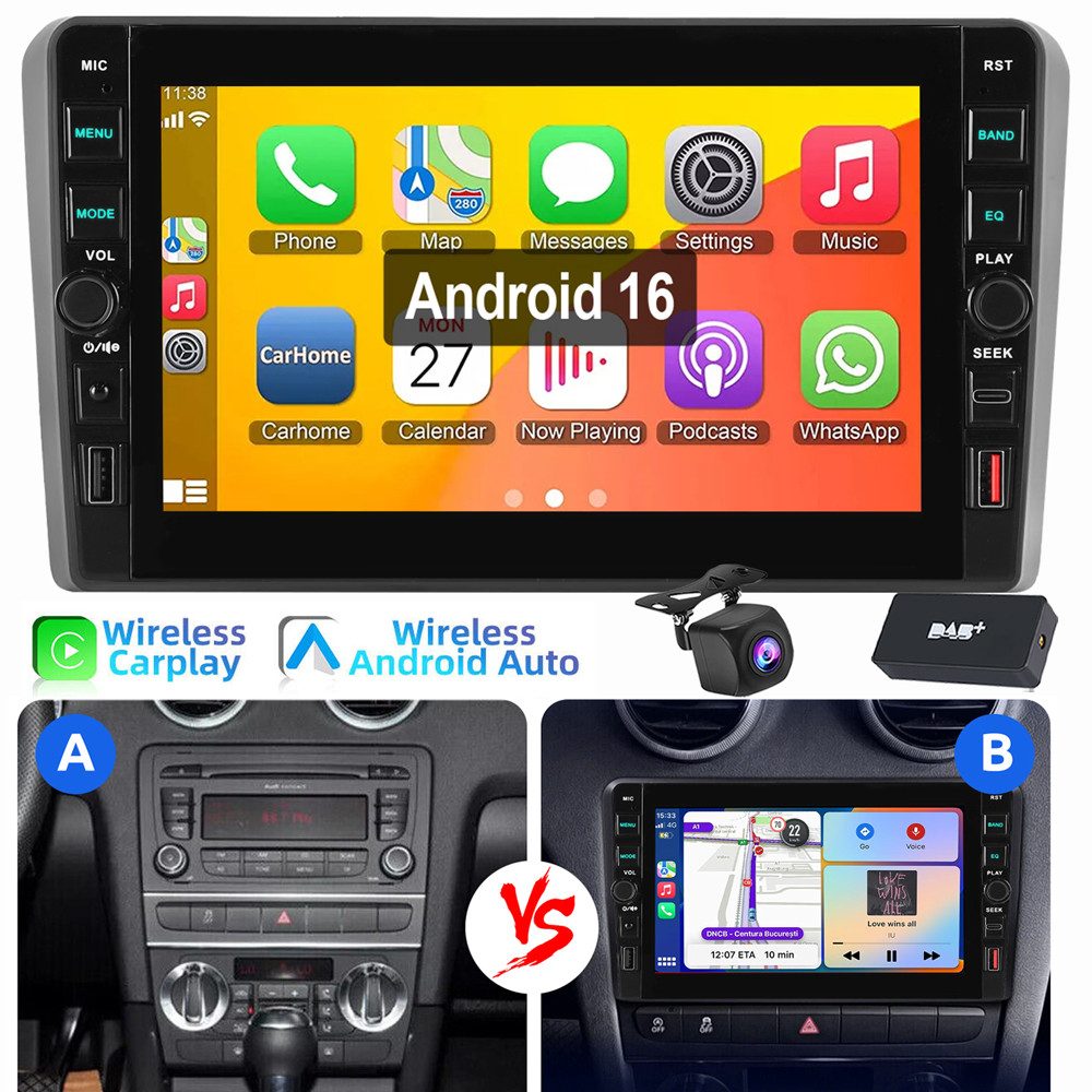 ESSGOO Für Audi A3 S3 RS3 8P 8V 8" Carplay Android 16 Autoradio 4+64G Autoradio (GPS NAVI RDS SWC USB WIFI)