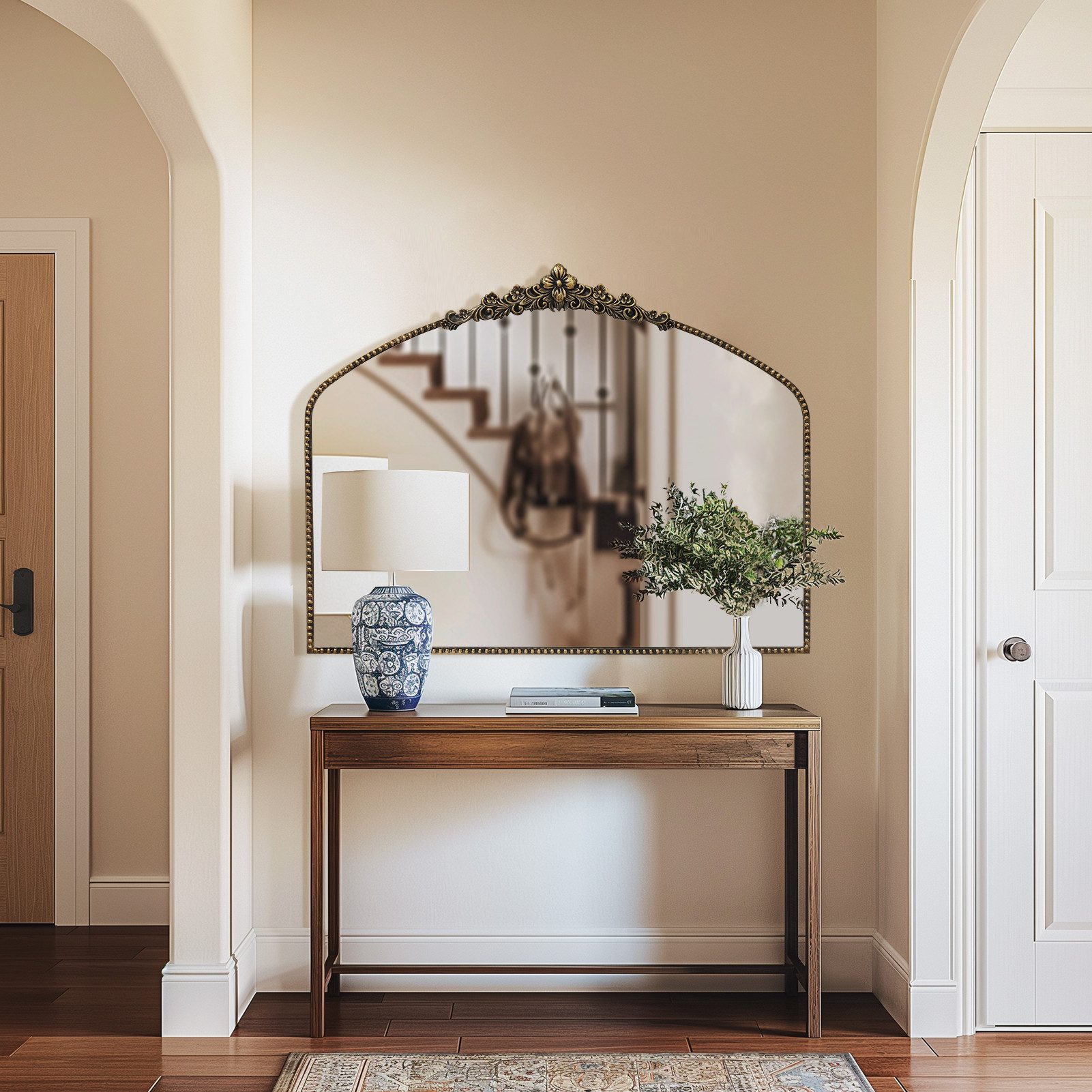 G-LEAF Spiegel Bogen-Wandspiegel im Barockstil, Metallrahmen mit Perlenverz günstig online kaufen