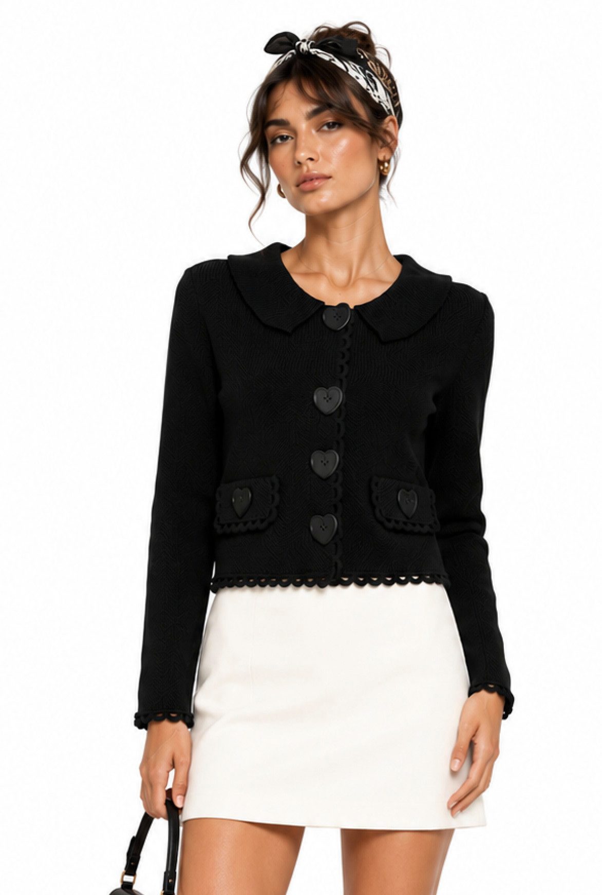Moschino Cardigan COUTURE Milano Strickjacke Herzknöpfe Scallop Hochwertige italienische Strickqualität mit leichtem Glanz